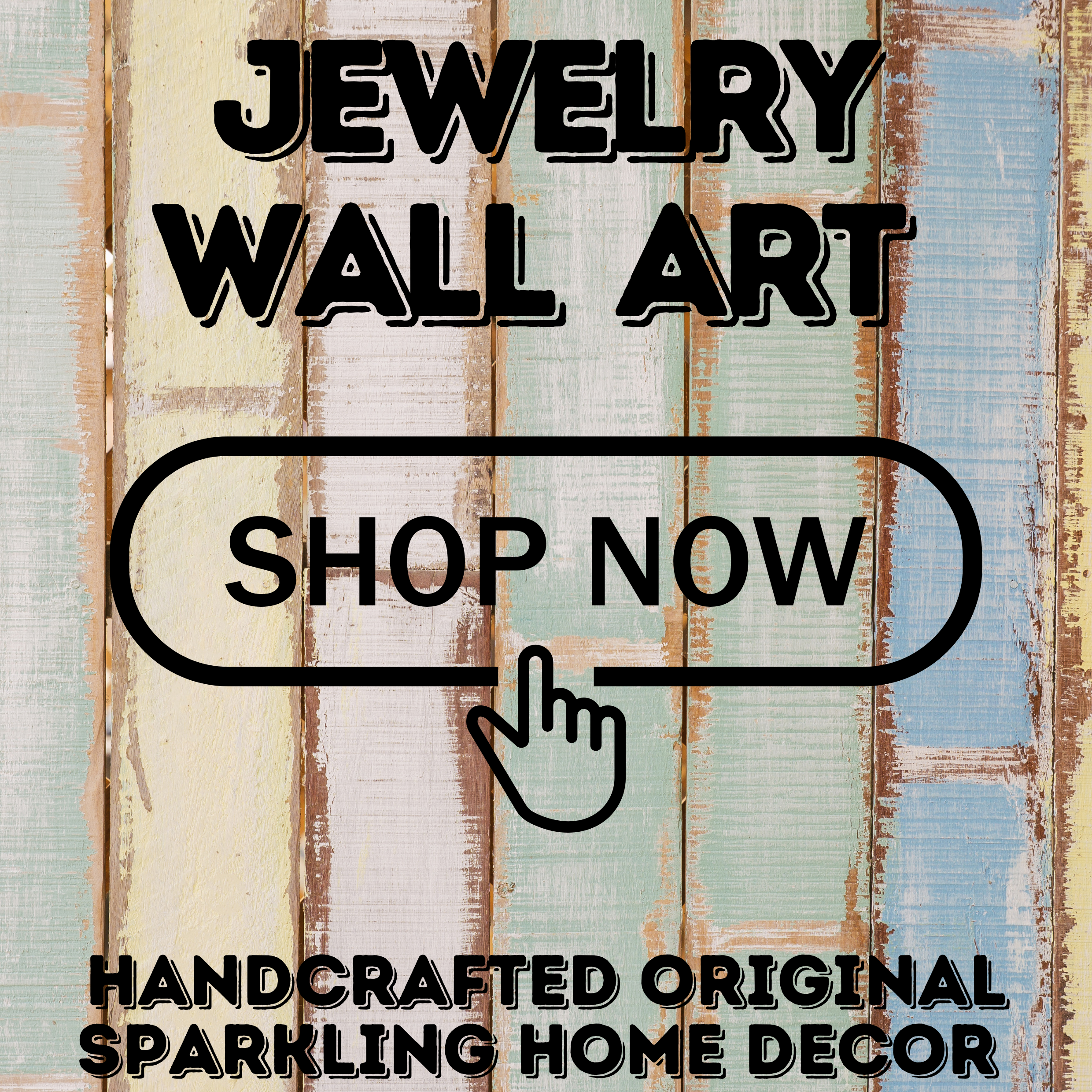 Decorative wall art created from colorful costume jewelry arranged in artistic designs