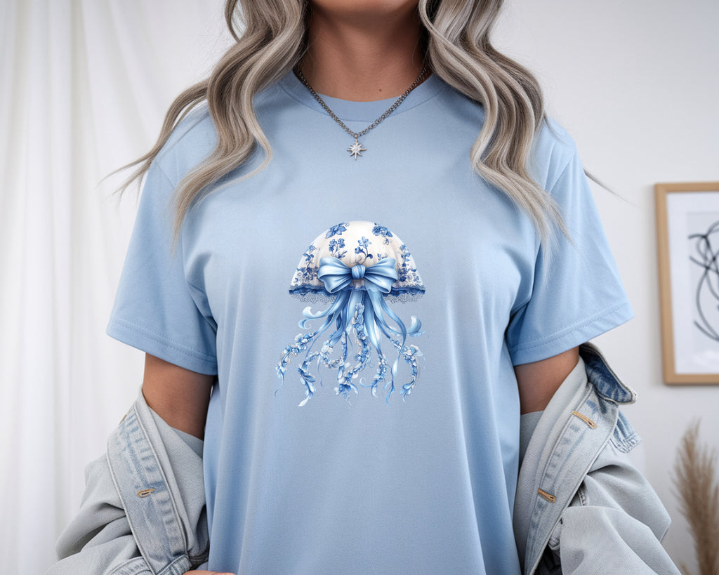 Blue & White Lacey Jellyfish T-Shirt – Delicate Ocean Design Tee
