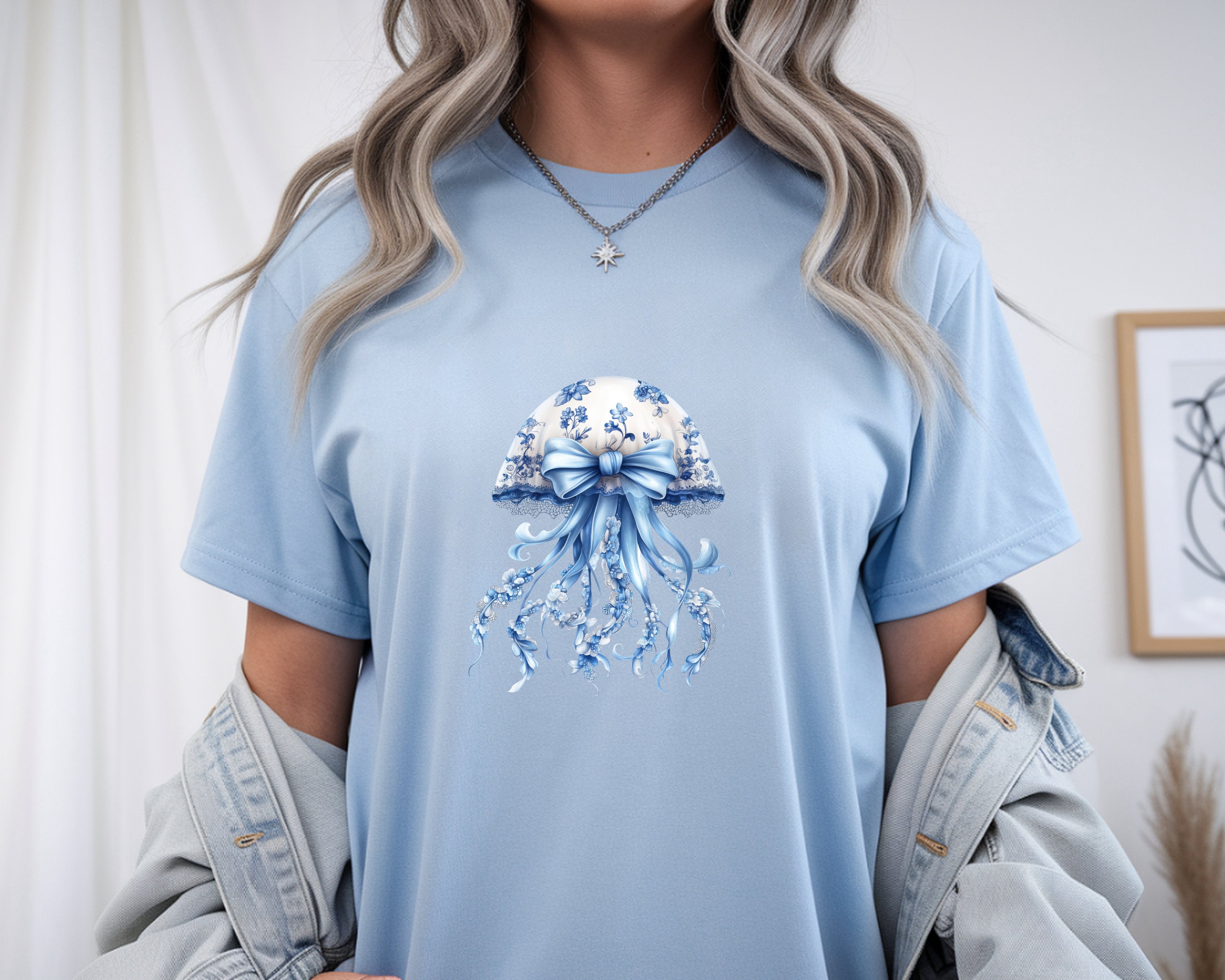 Blue & White Lacey Jellyfish T-Shirt – Delicate Ocean Design Tee