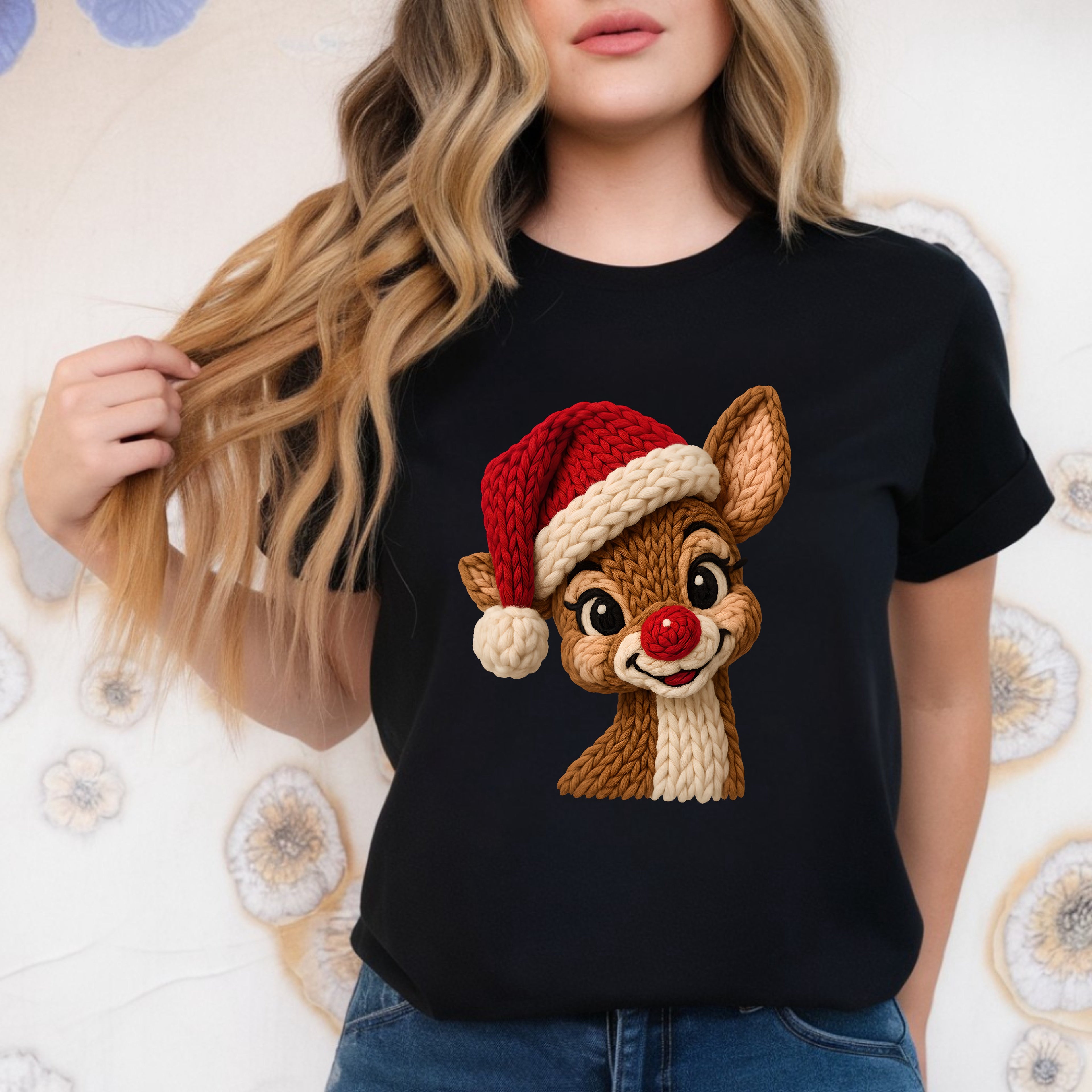 Retro Faux Knit Santa Reindeer - T-Shirt