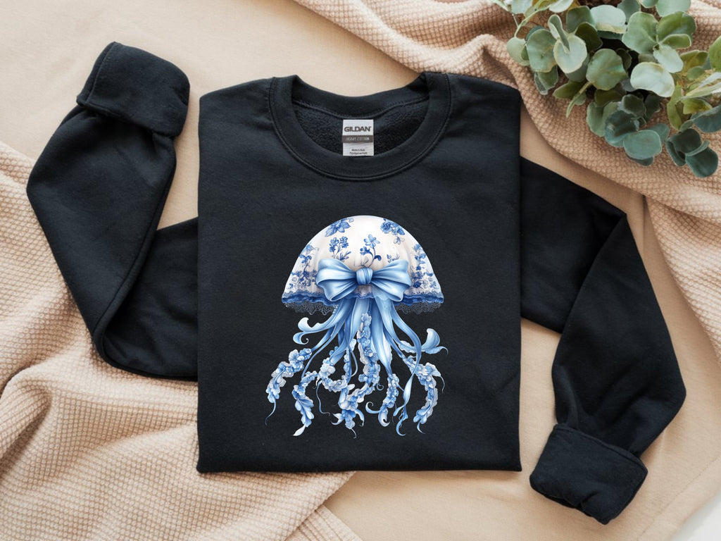 Blue and White Floral Jellyfish Sweatshirt - Whimsical Ocean Graphic