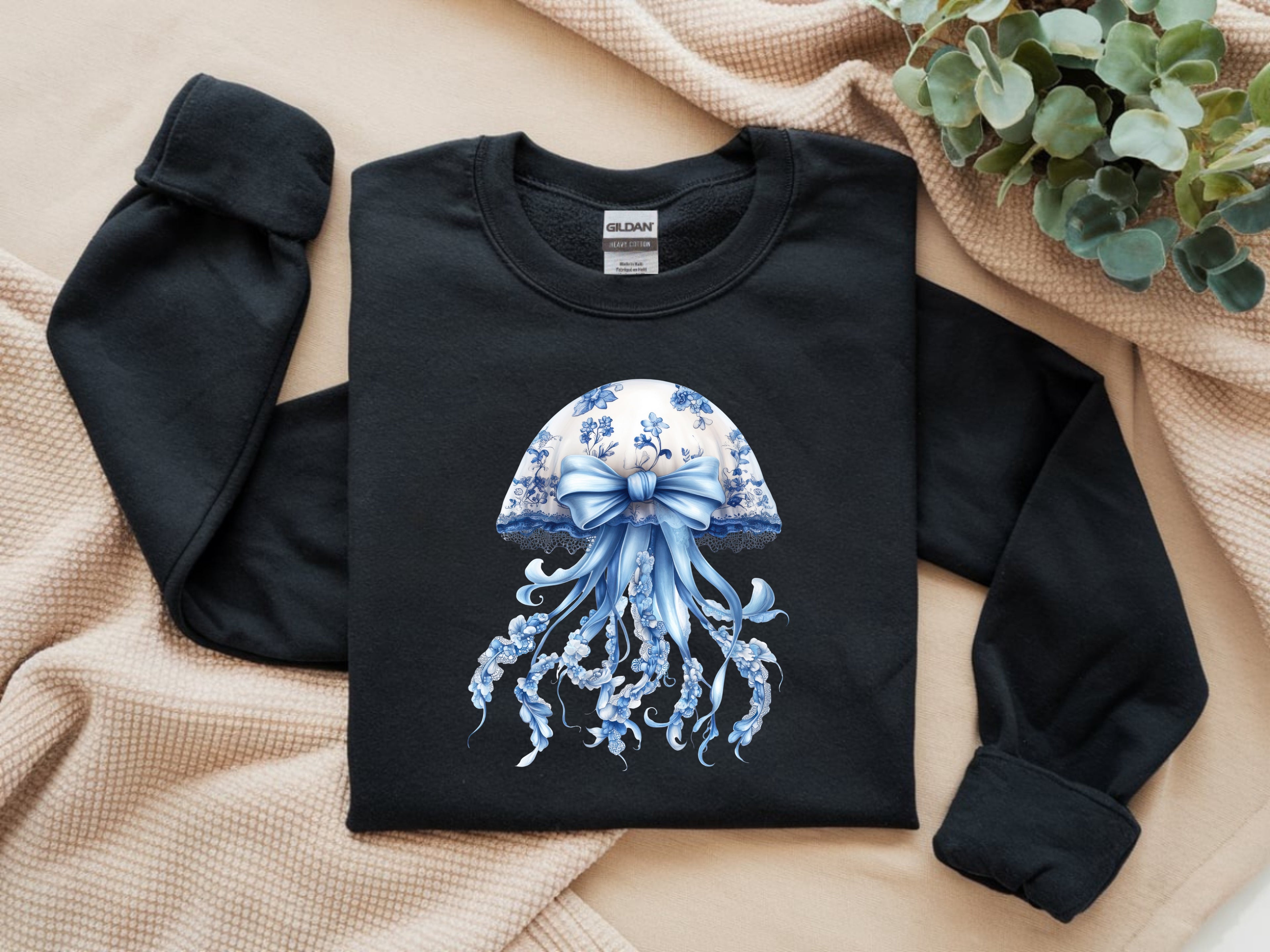 Blue and White Floral Jellyfish Sweatshirt - Whimsical Ocean Graphic