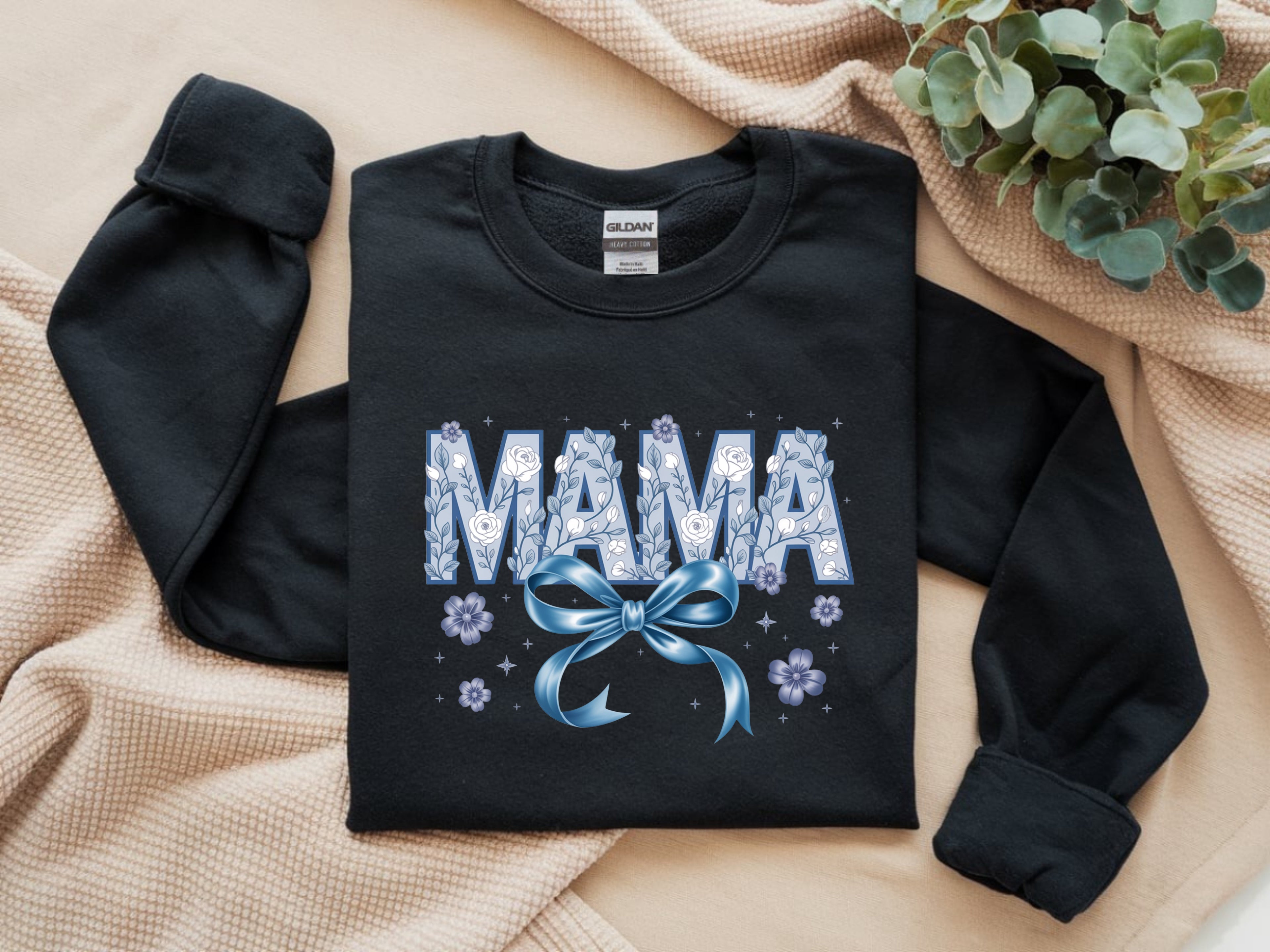 Mama Blue Floral Faux Appliqué with Blue Bow Sweatshirt - Stylish Mom Apparel