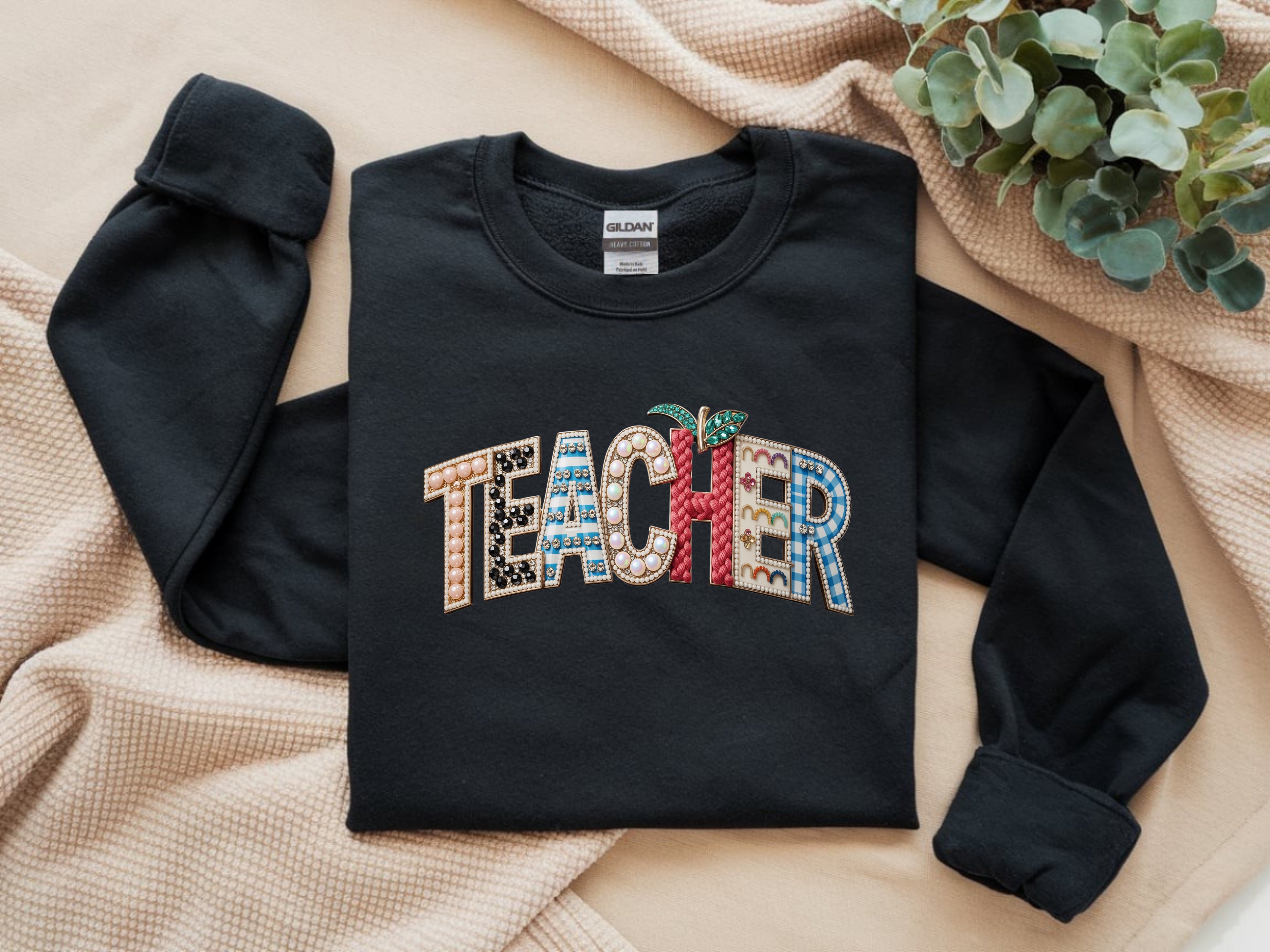 Bejeweled Teacher Sweatshirt - Rhinestone Graphic Crewneck