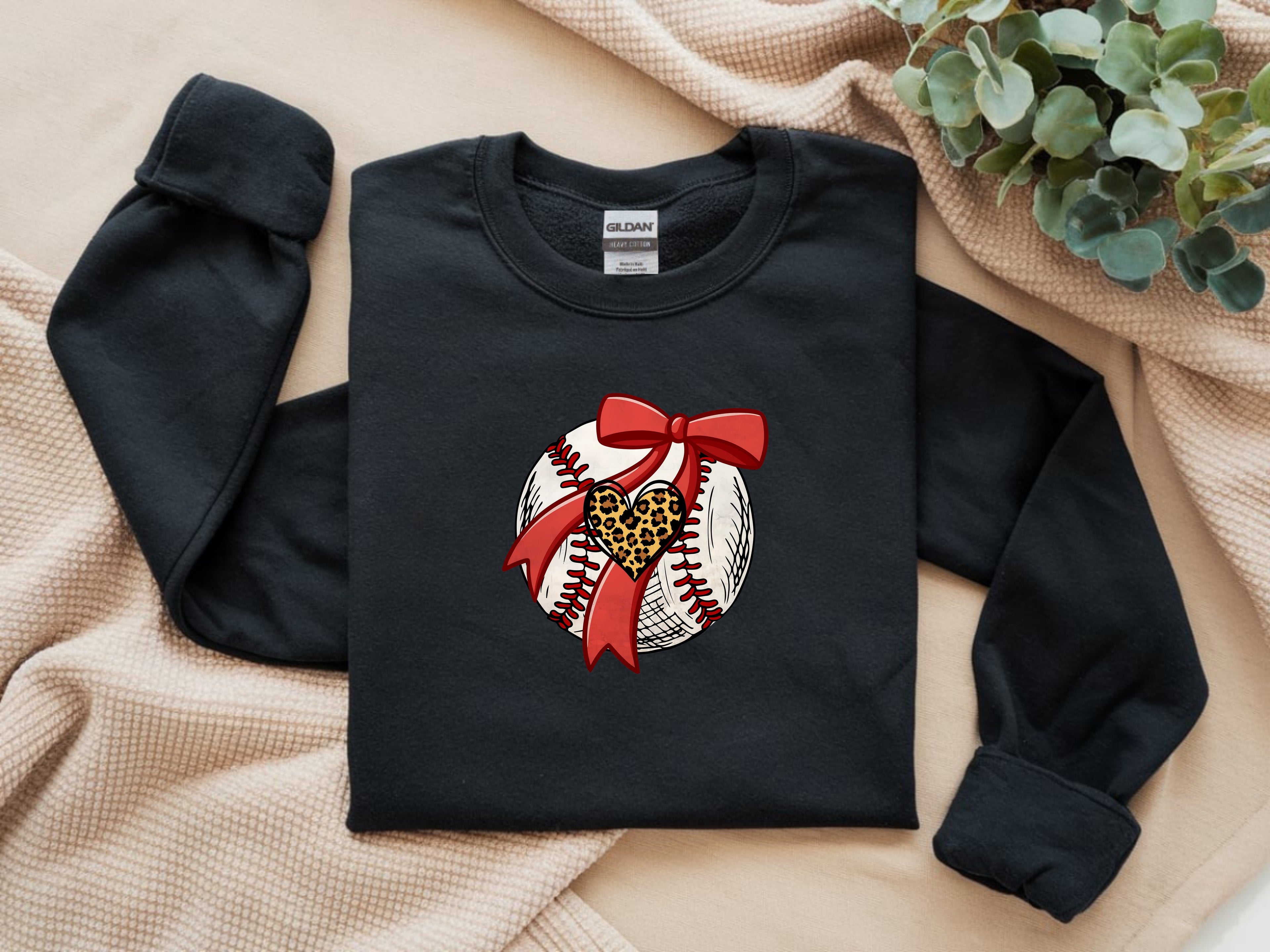 Baseball with Animal Print Heart and Red Bow Sweatshirt - Sports Mom Apparel