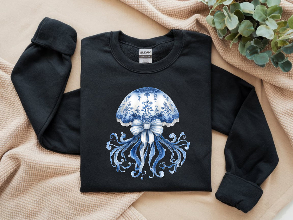 Blue and White Delicate Floral Jellyfish Sweatshirt - Ocean-Inspired Apparel