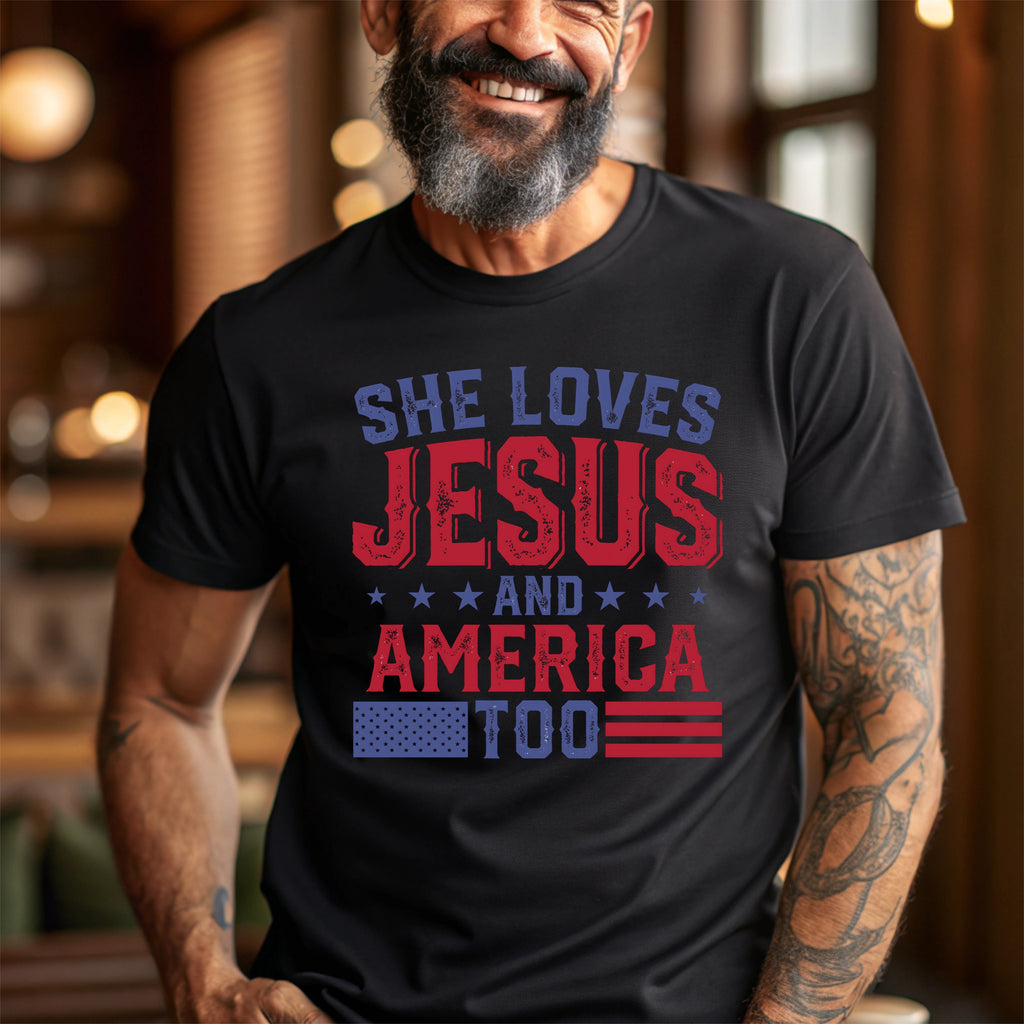 Show Off Your Faith & Patriotism: She Loves Jesus and America Too T-Shirt
