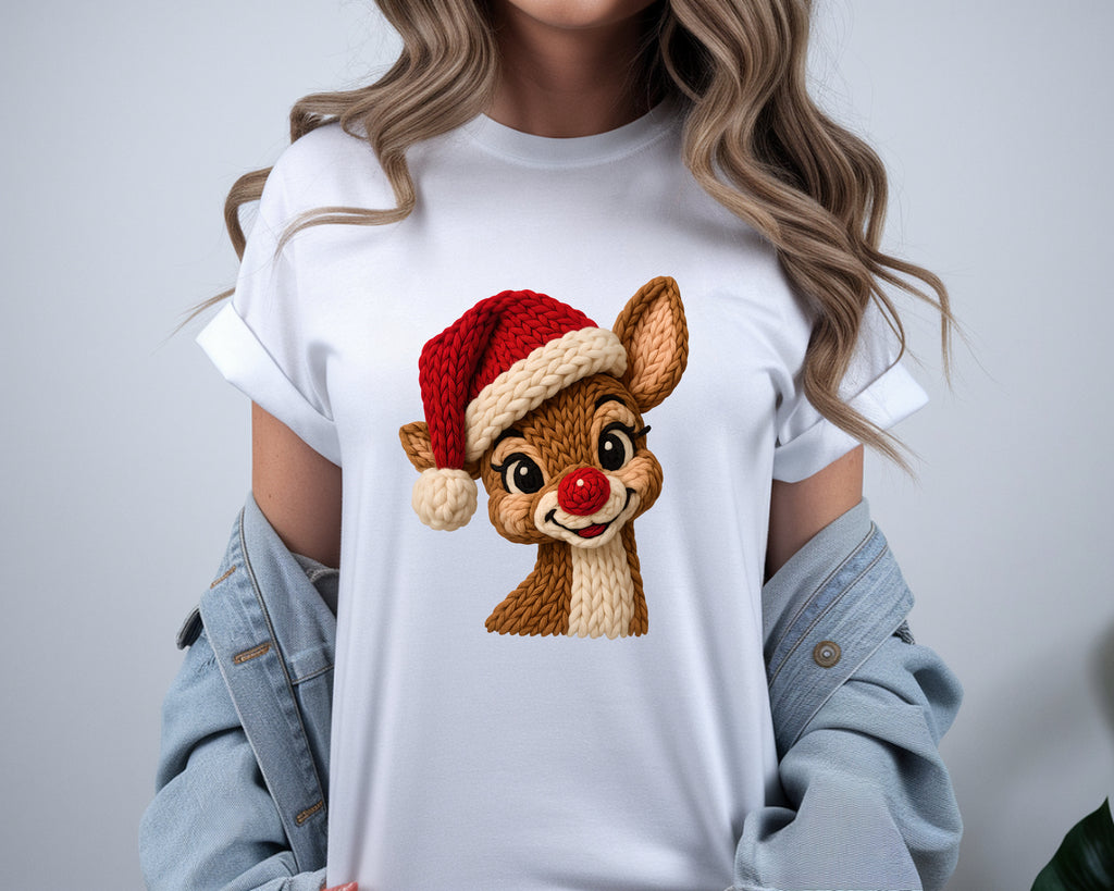 Retro Faux Knit Santa Reindeer - T-Shirt