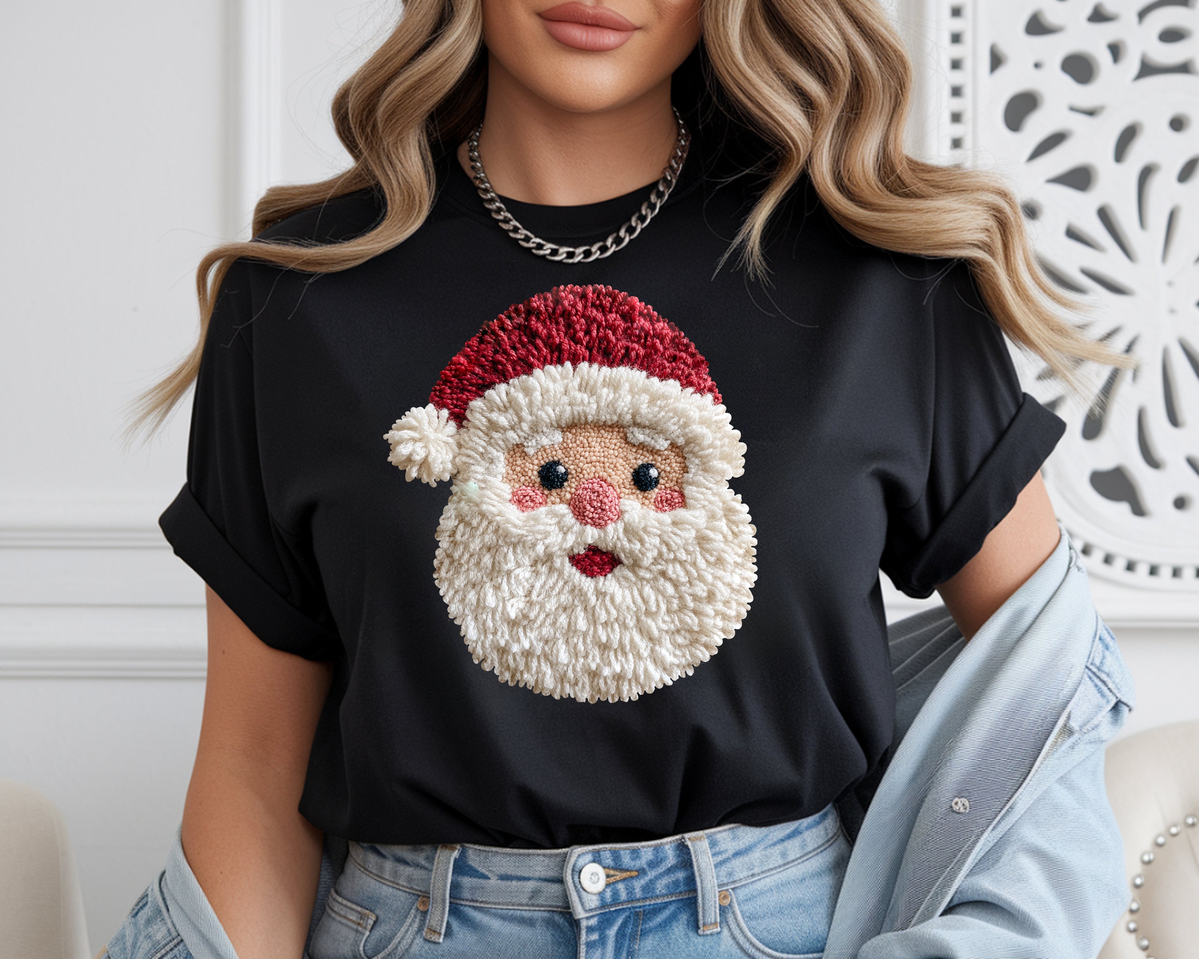 Patchwork Yarn Crochet Santa Face - T-Shirt