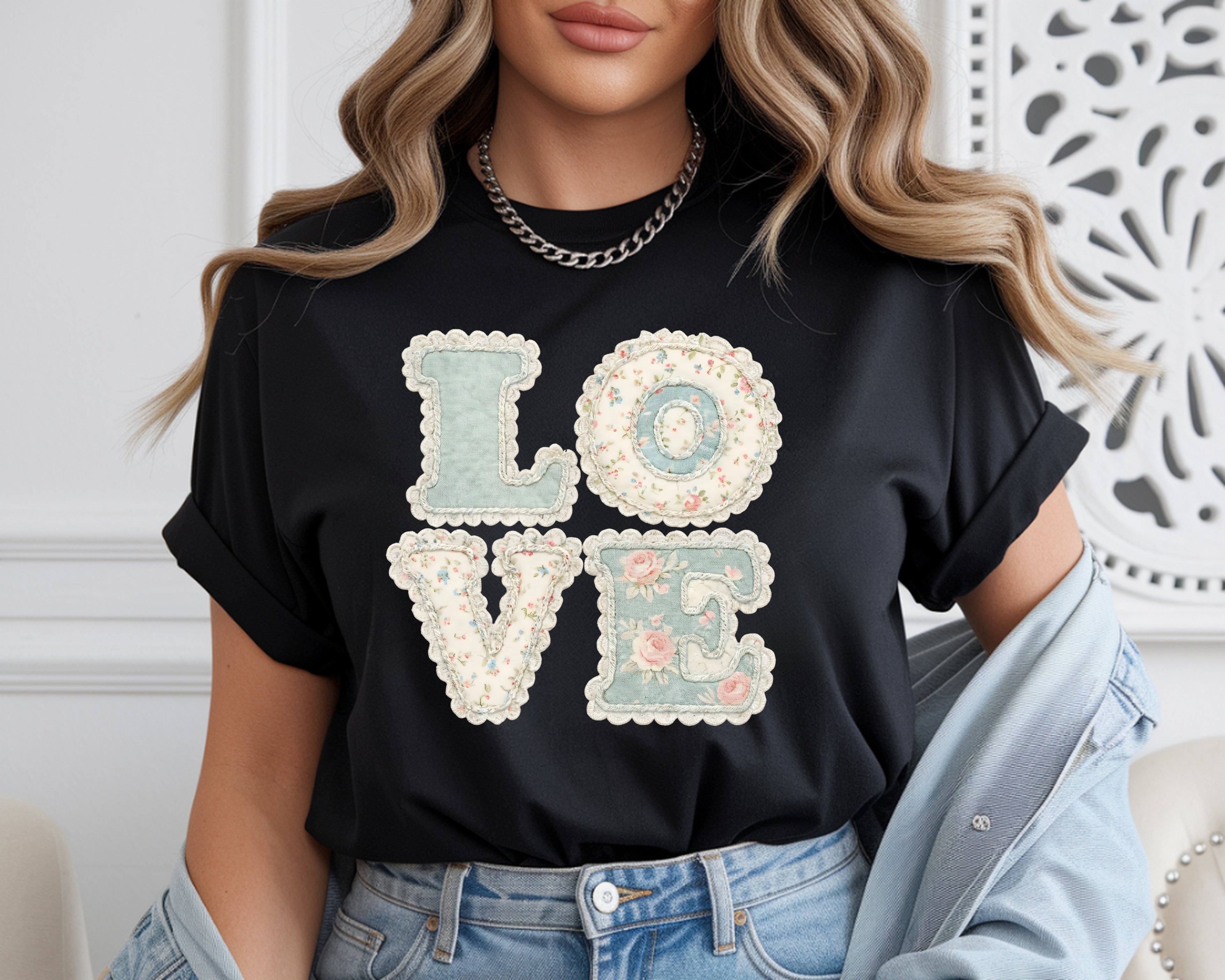 Vintage Charm: Pastel Floral & Lace "LOVE" T-Shirt