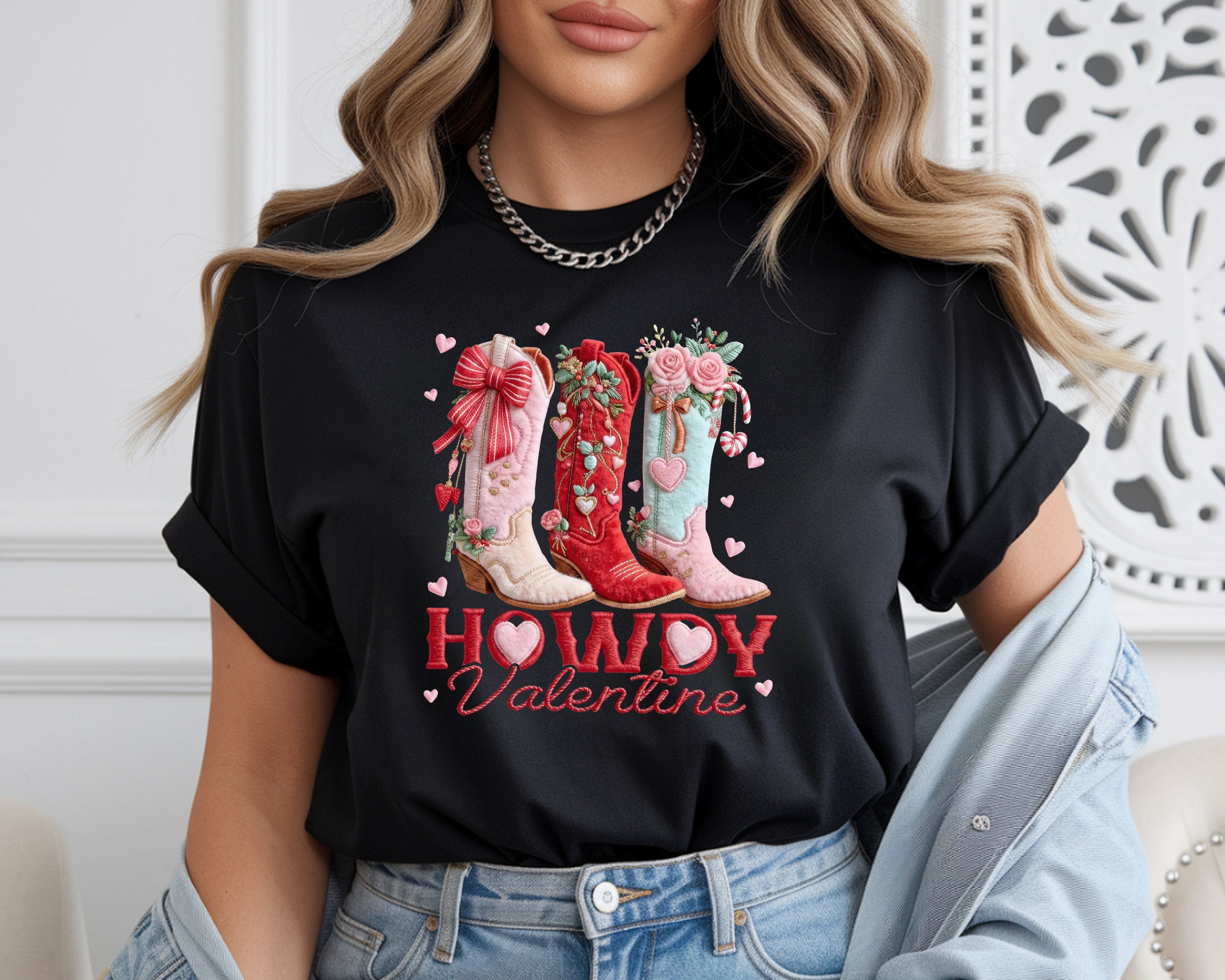 Howdy Valentine Faux Embroidery Boots T-Shirt
