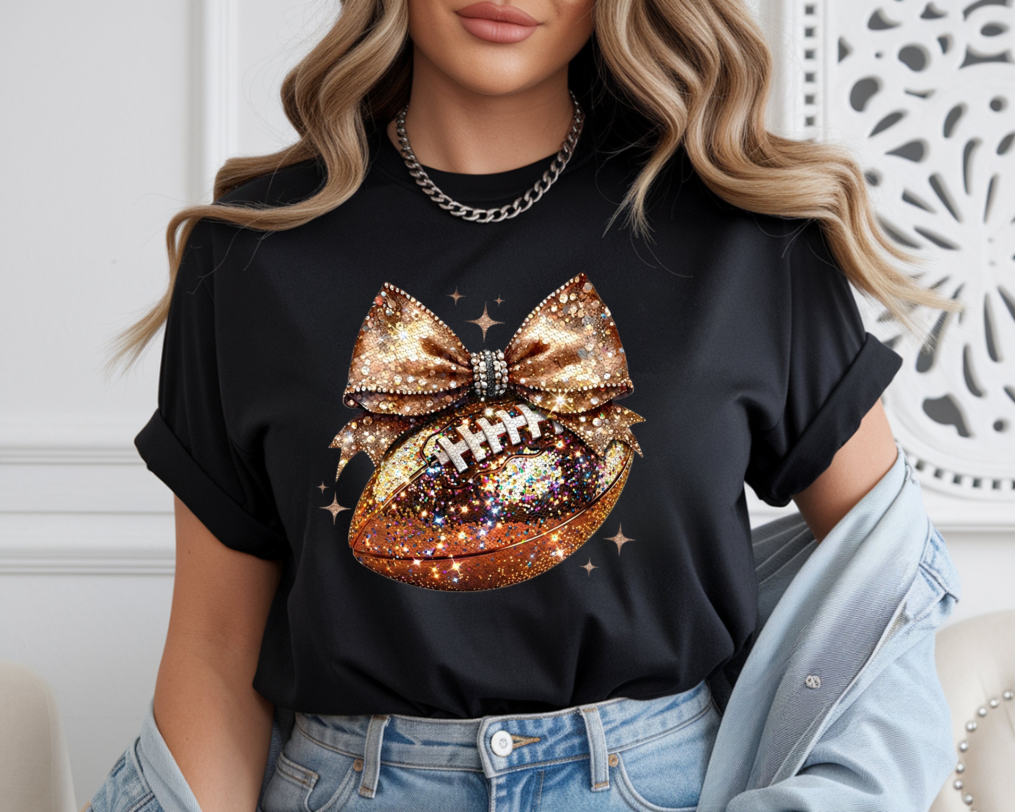 Sparkle & Spike: Gold Glitter Football Bow T-Shirt