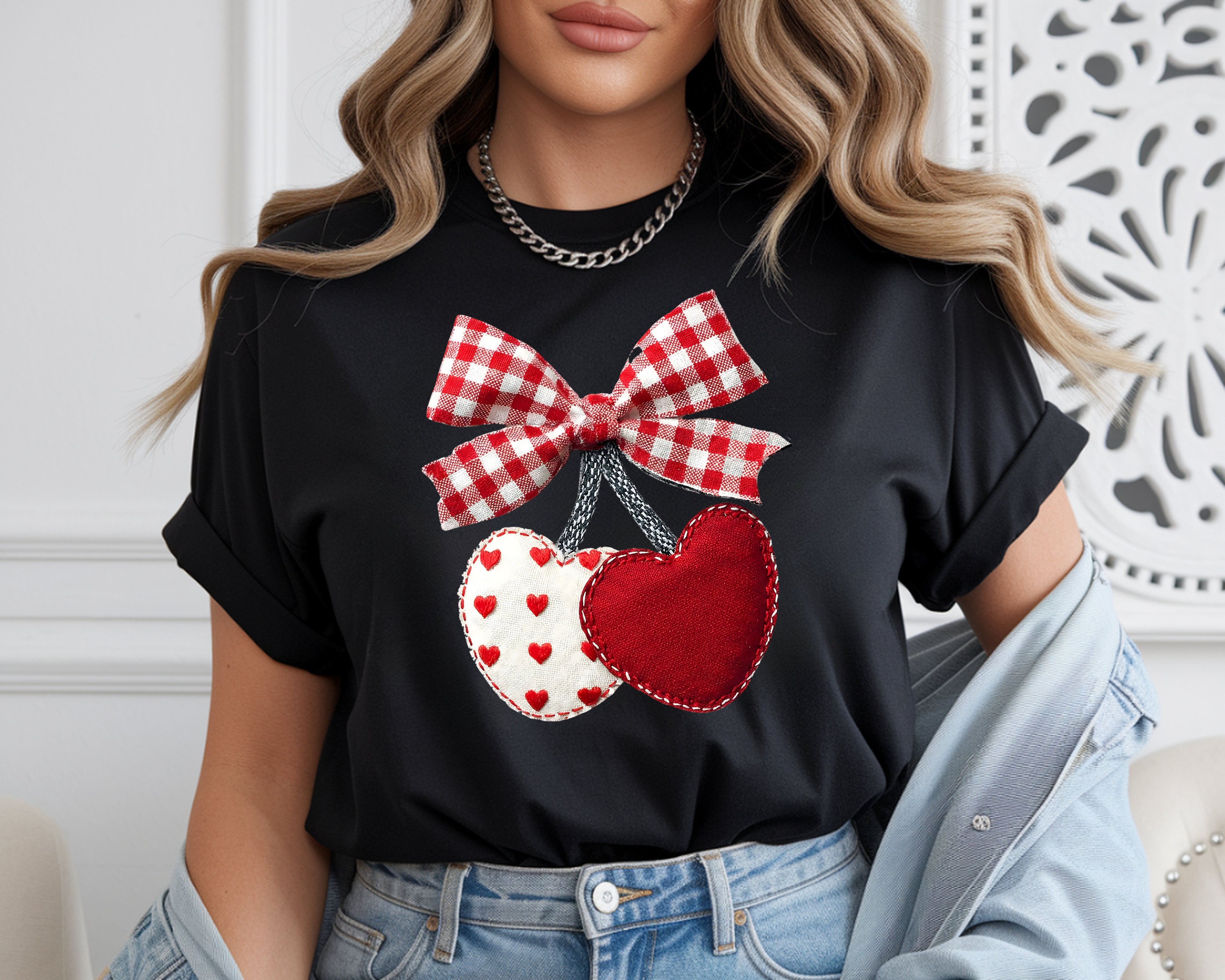 Sweetest Pick: Gingham Bow & Fabric Heart Cherries T-Shirt