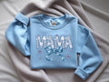 Mama Blue Floral Faux Appliqué with Blue Bow Sweatshirt - Stylish Mom Apparel