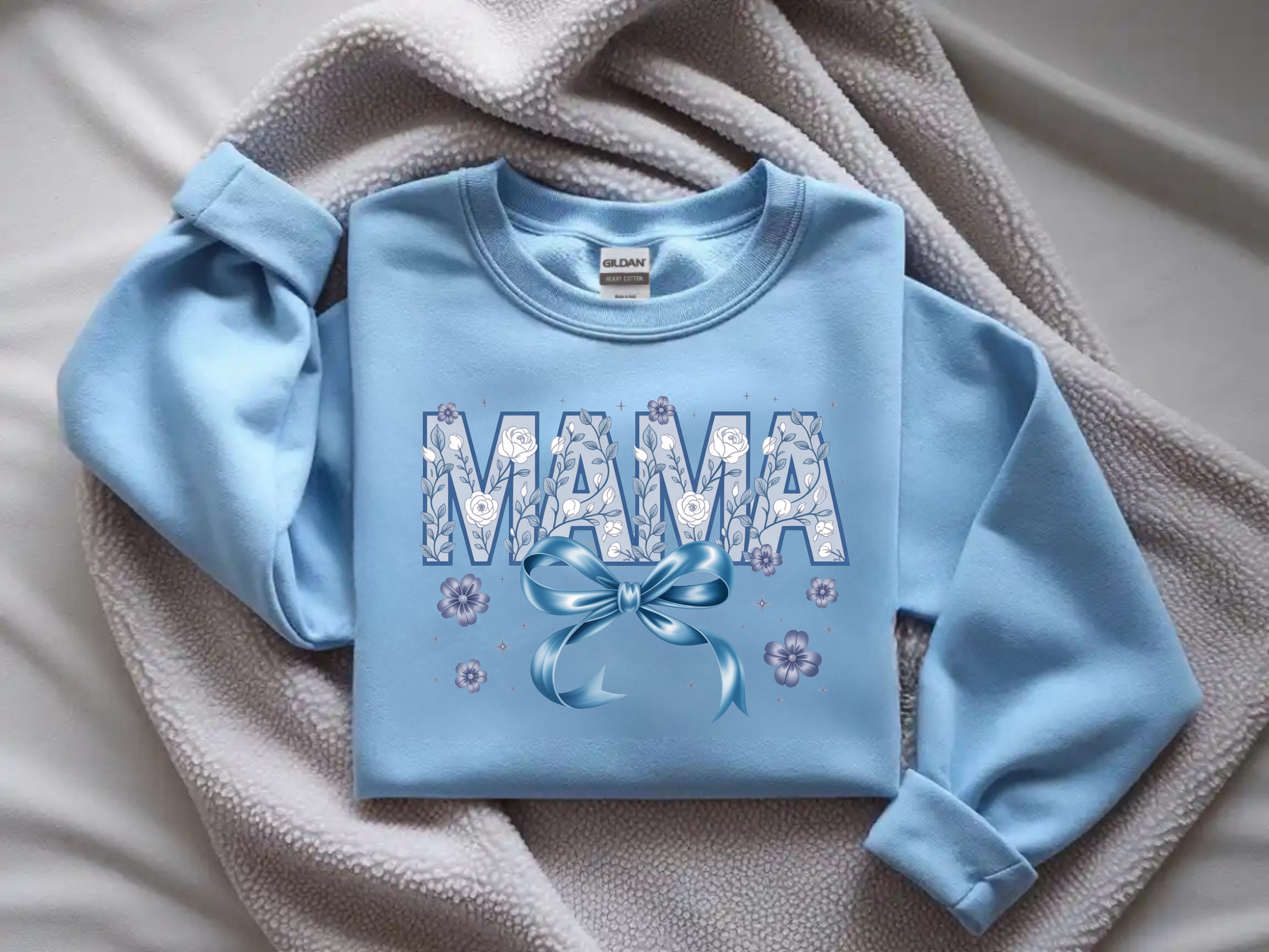 Mama Blue Floral Faux Appliqué with Blue Bow Sweatshirt - Stylish Mom Apparel