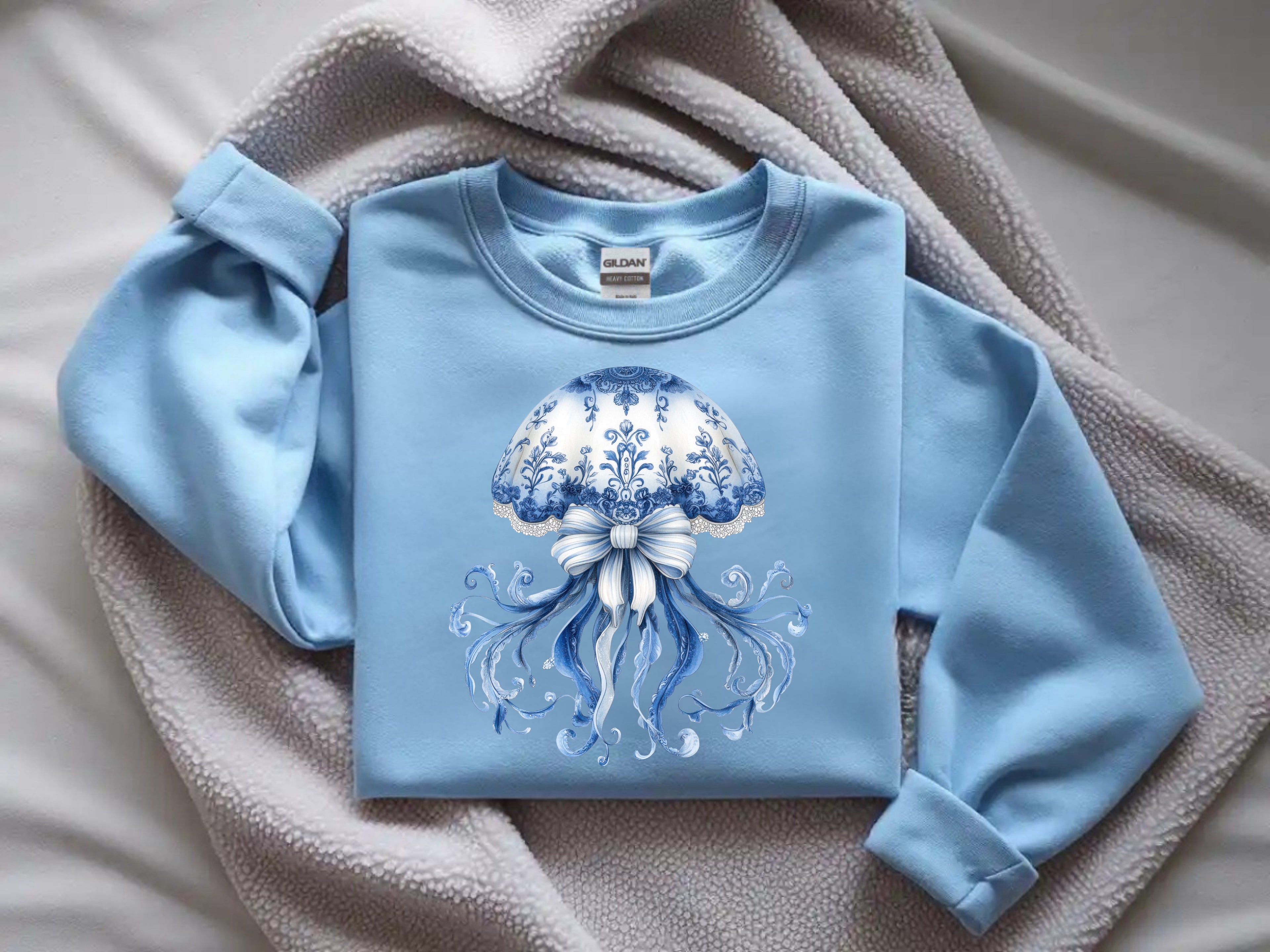 Blue and White Delicate Floral Jellyfish Sweatshirt - Ocean-Inspired Apparel