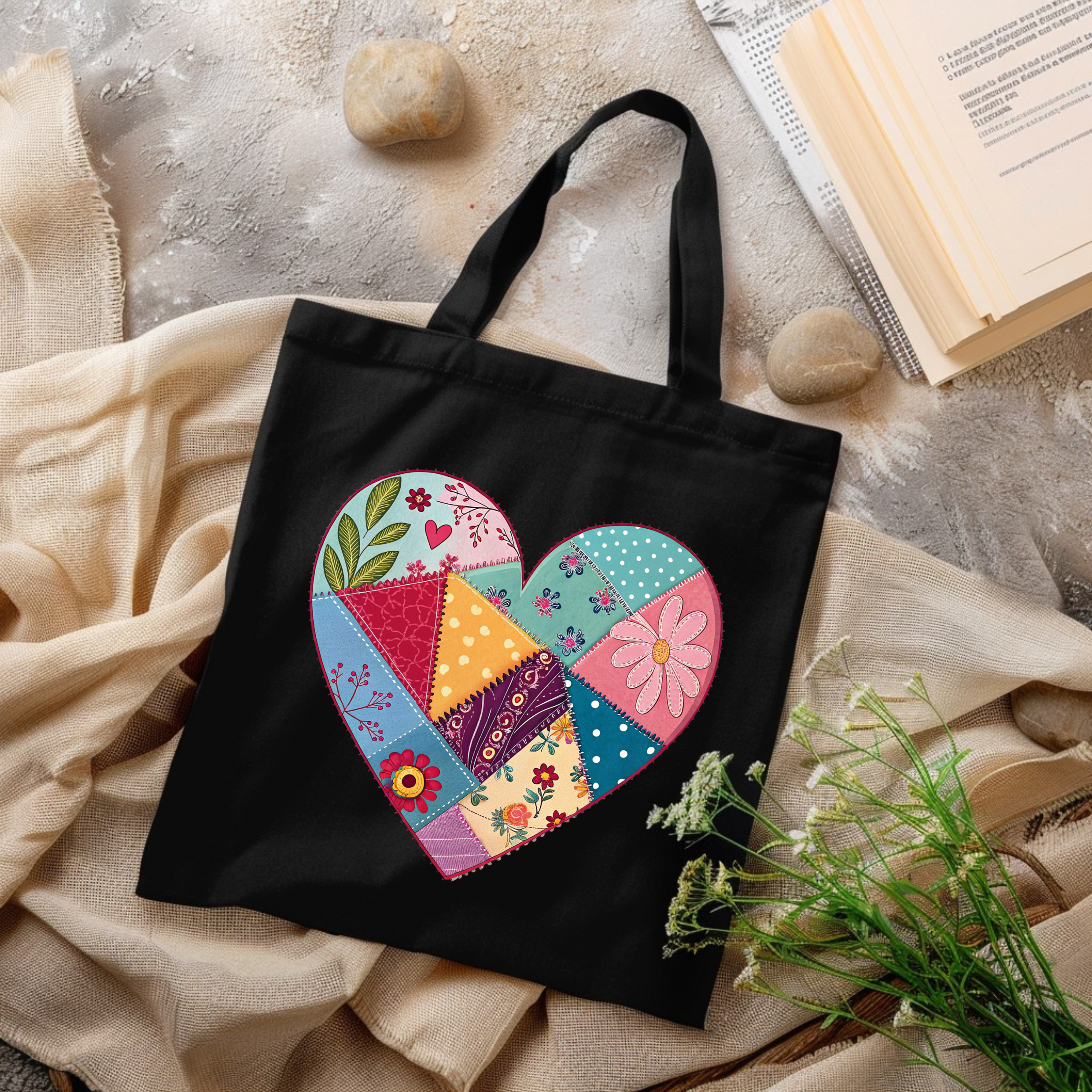 Faux Patchwork Heart Canvas Tote