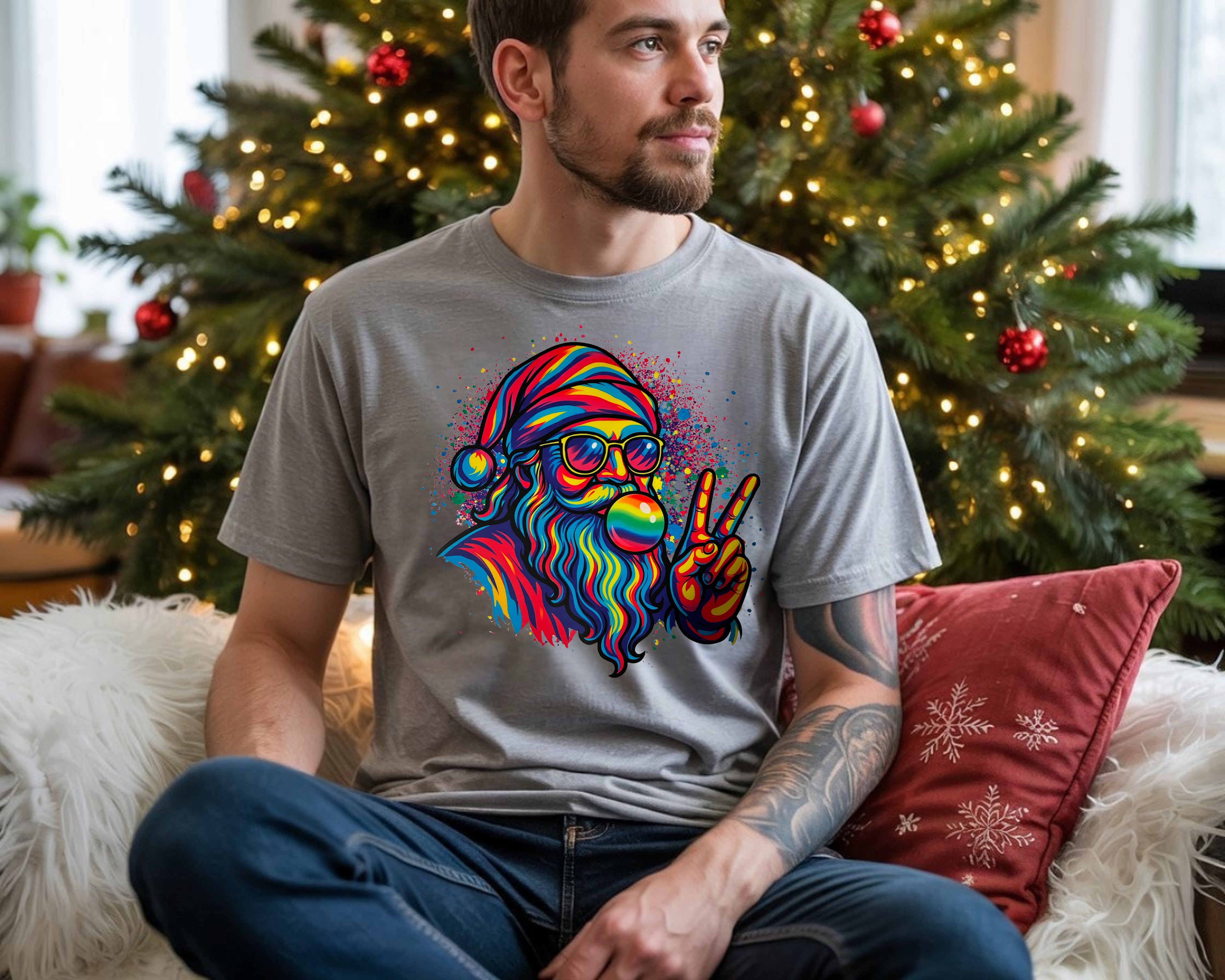 Colorful Peace Bubble Gum Santa T-Shirt