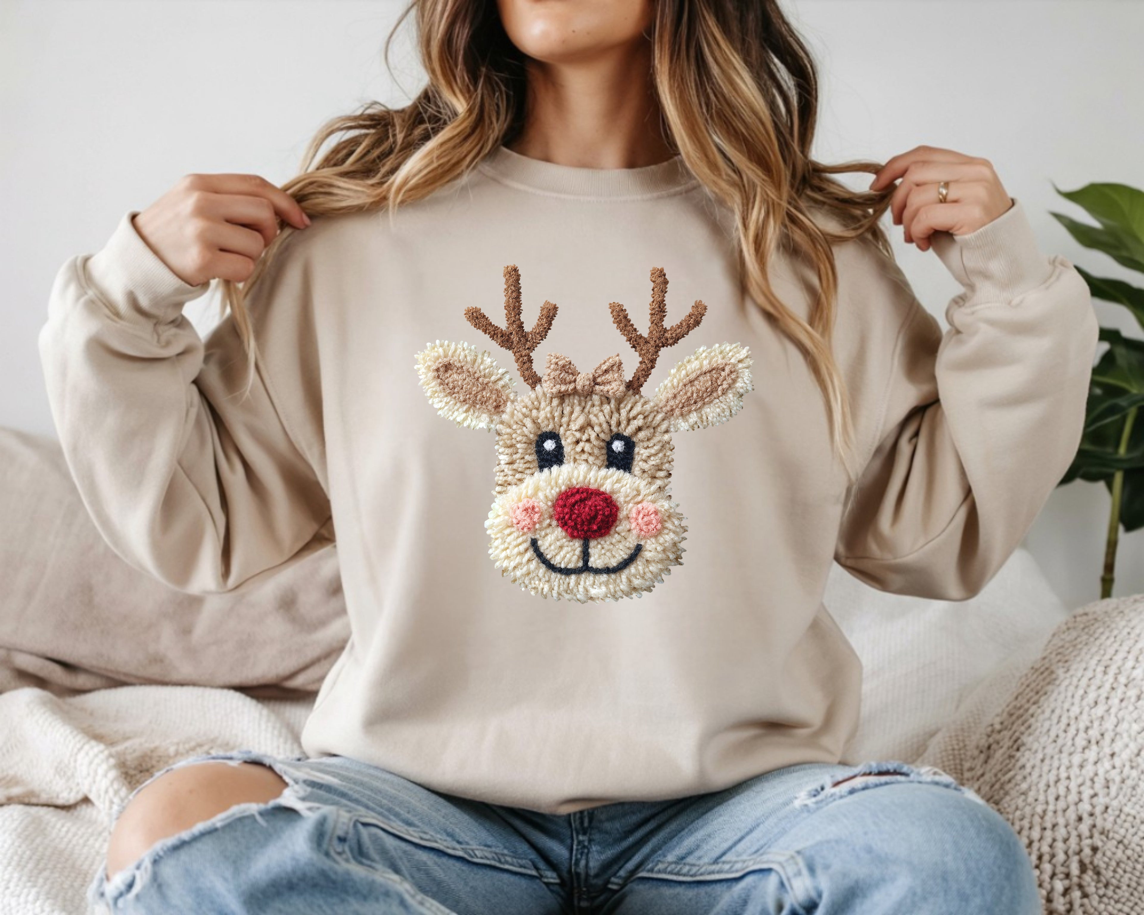 Patchwork Yarn Crochet Reindeer Sweatshirt