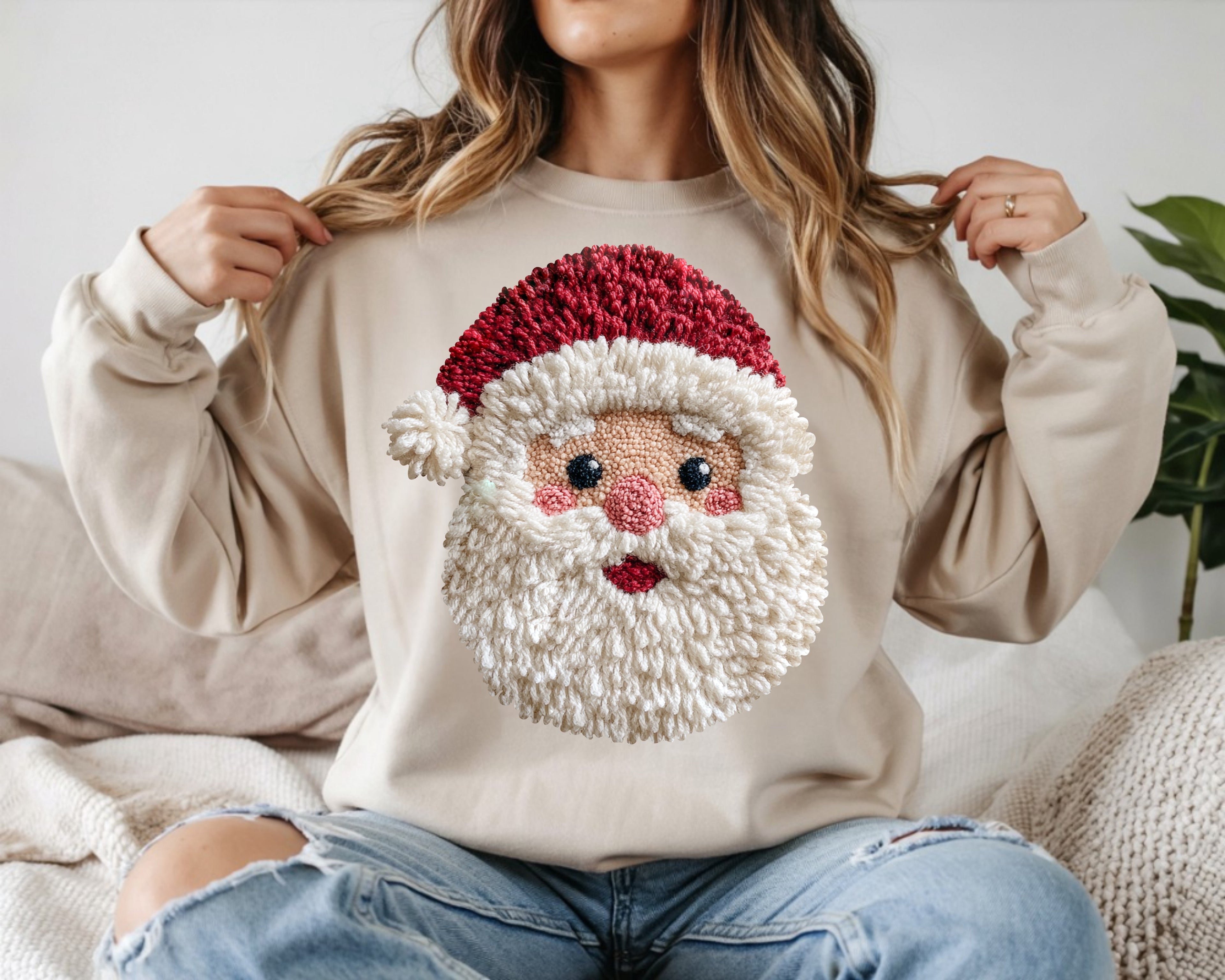 Patchwork Yarn Crochet Santa Face Sweatshirt