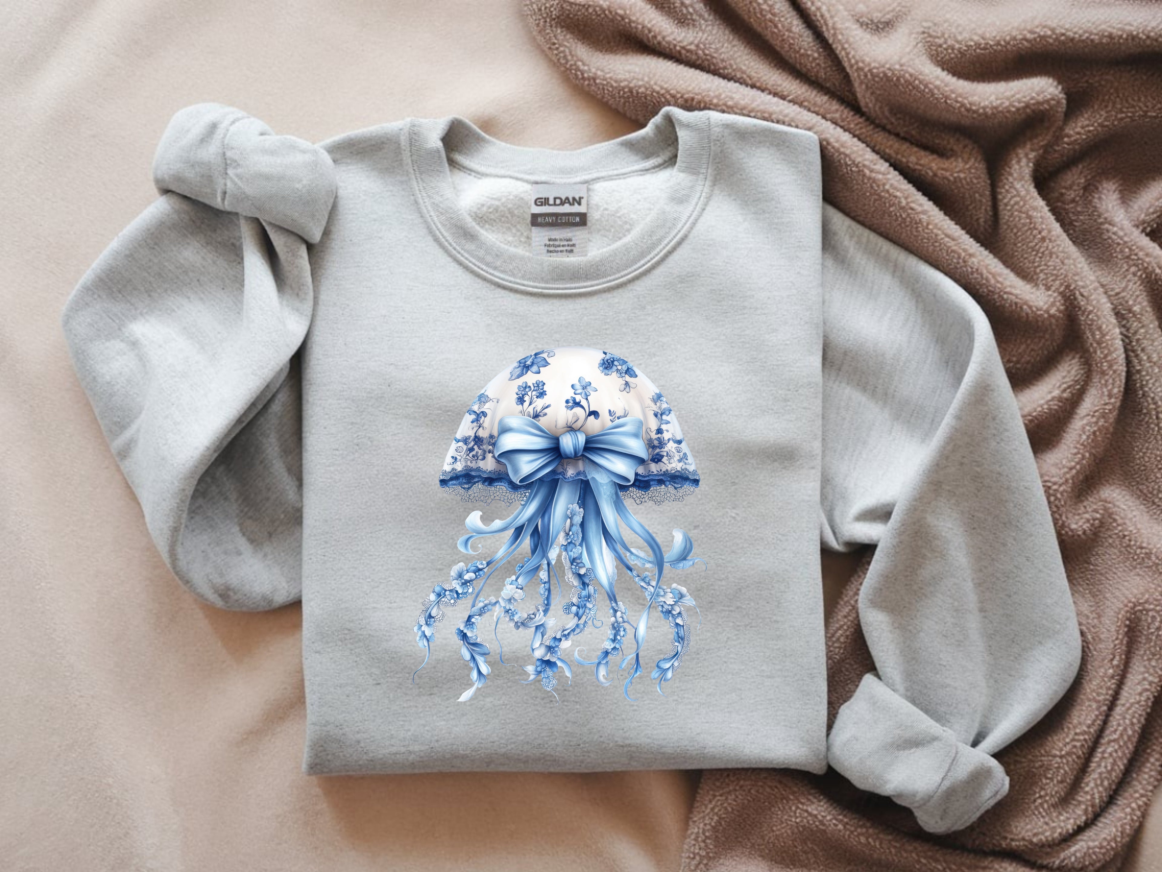 Blue and White Floral Jellyfish Sweatshirt - Whimsical Ocean Graphic