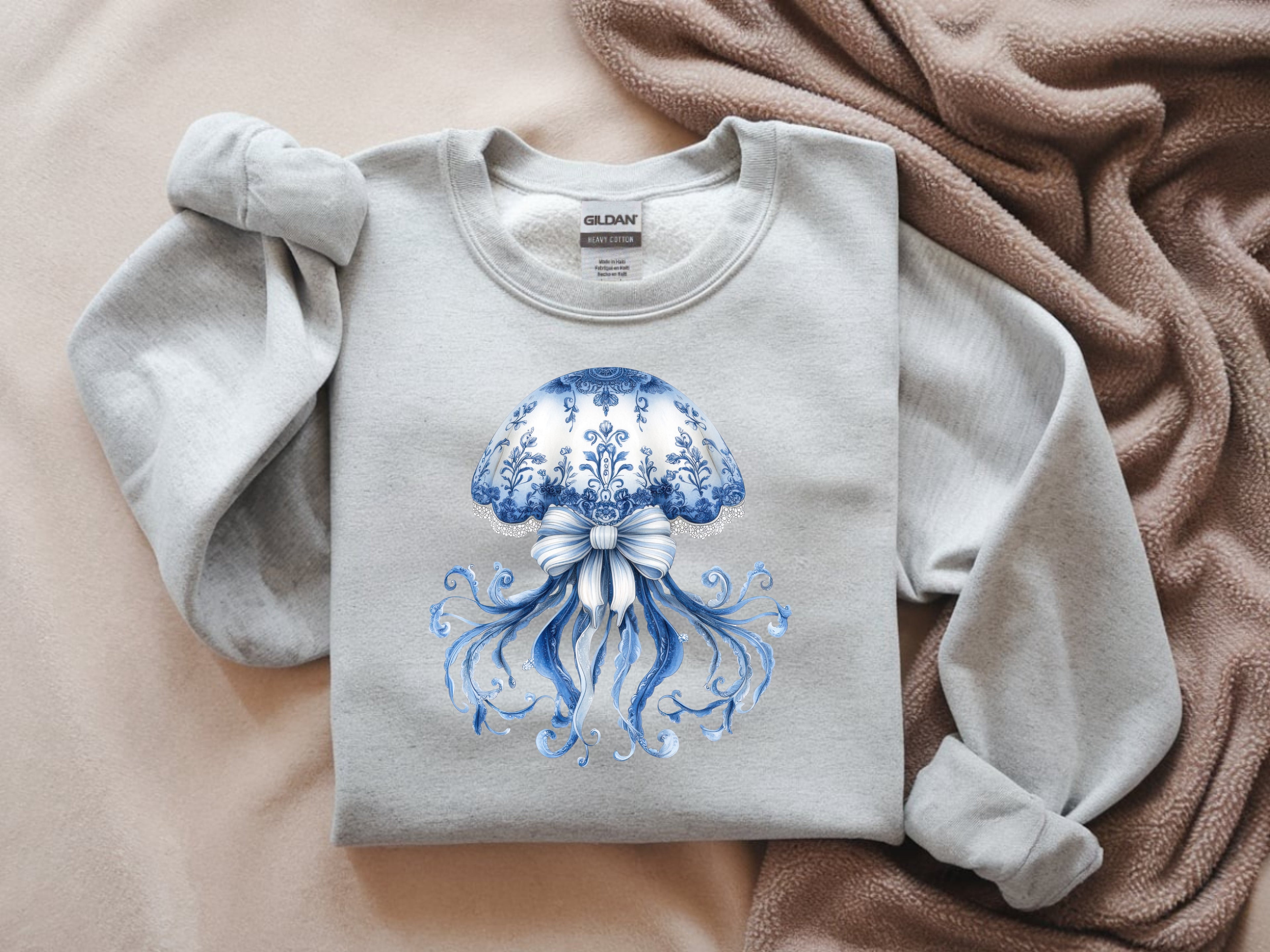 Blue and White Delicate Floral Jellyfish Sweatshirt - Ocean-Inspired Apparel