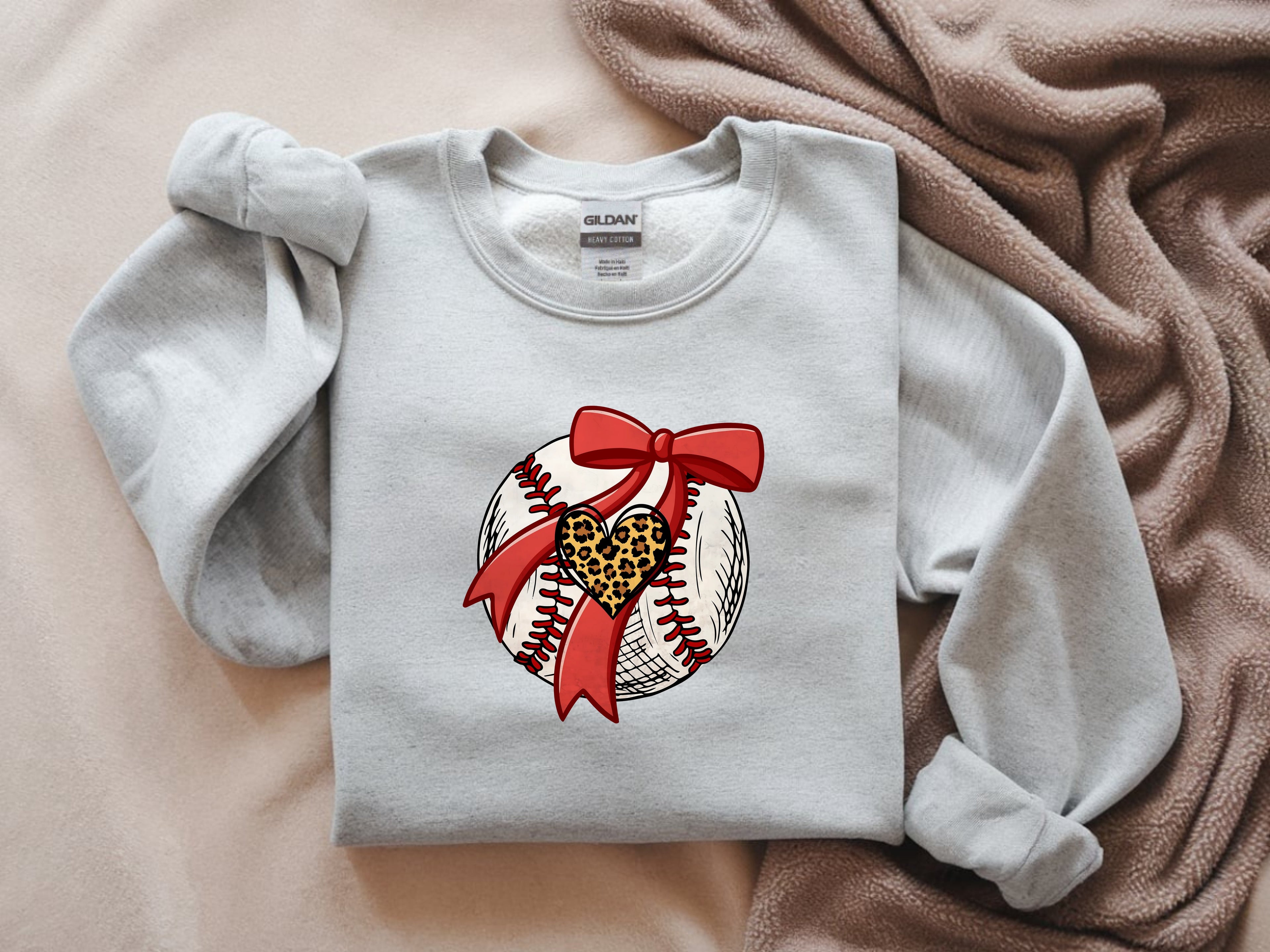 Baseball with Animal Print Heart and Red Bow Sweatshirt - Sports Mom Apparel