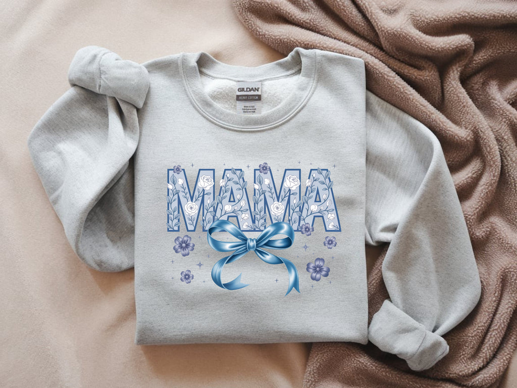 Mama Blue Floral Faux Appliqué with Blue Bow Sweatshirt - Stylish Mom Apparel