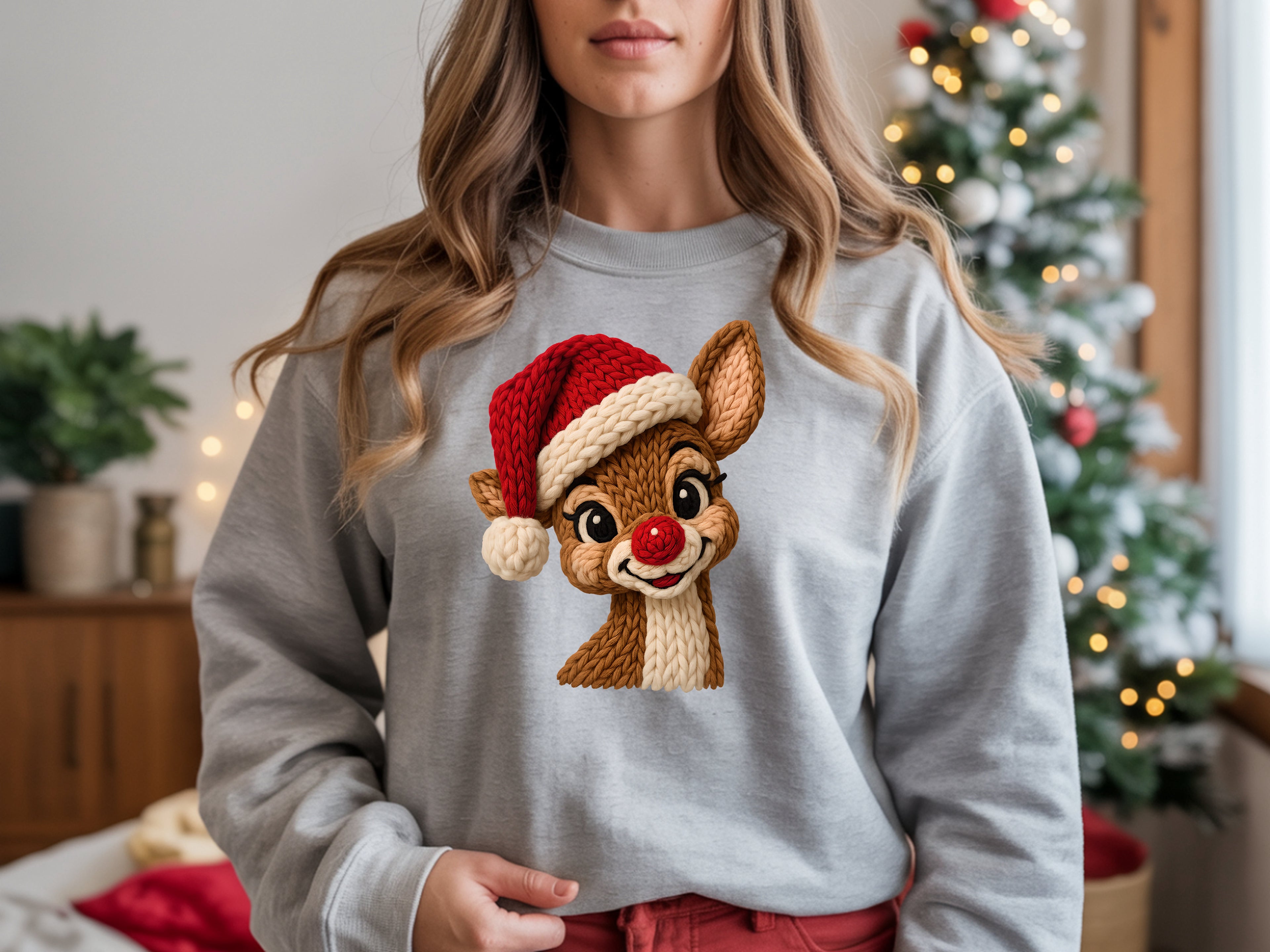 Retro Faux Knit Santa Reindeer Sweatshirt