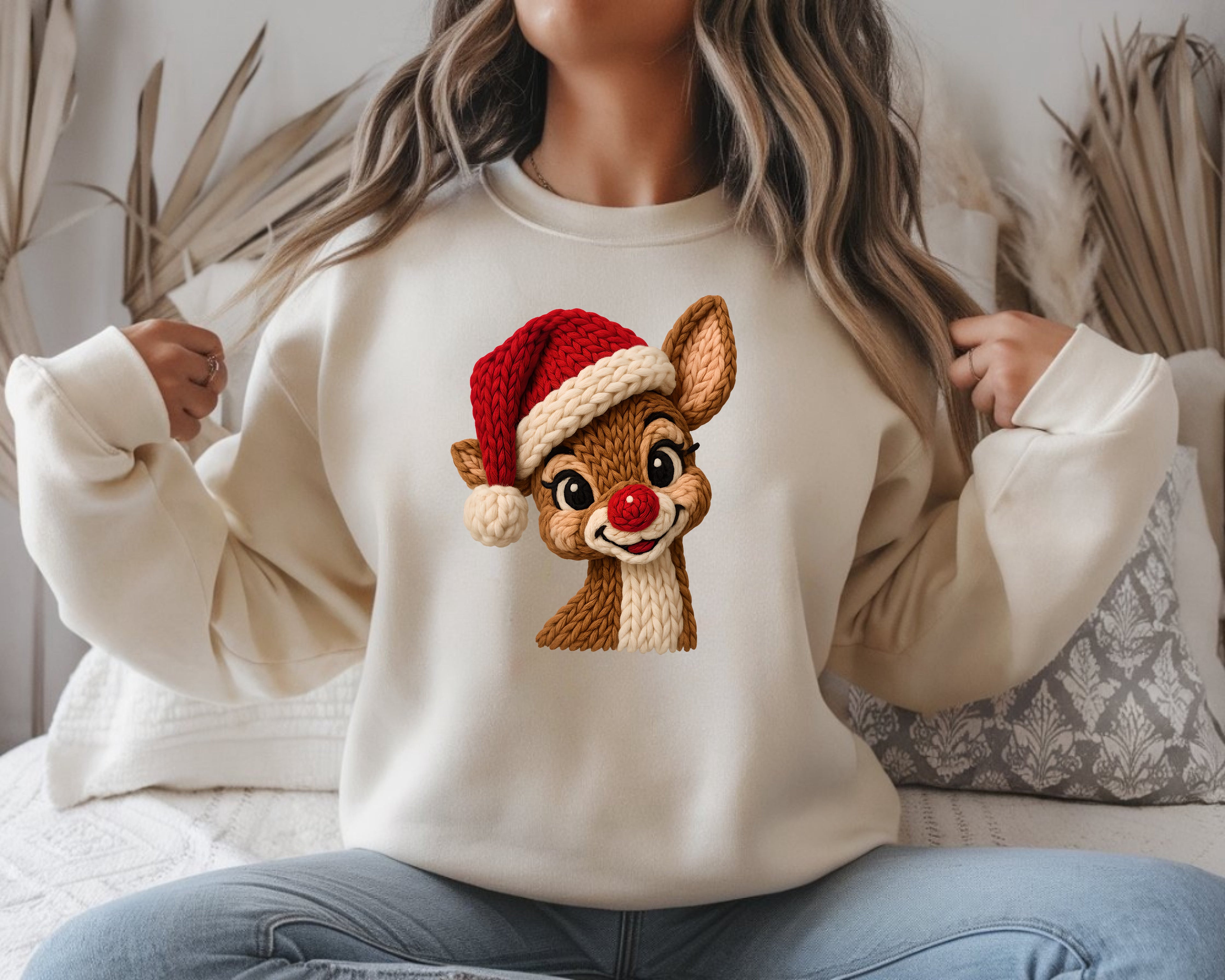 Retro Faux Knit Santa Reindeer Sweatshirt