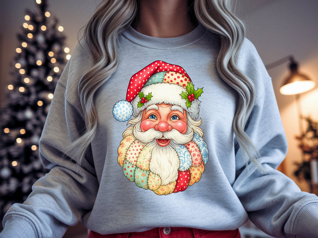 Patchwork Santa Sweatshirt Cozy Quilted Christmas Design