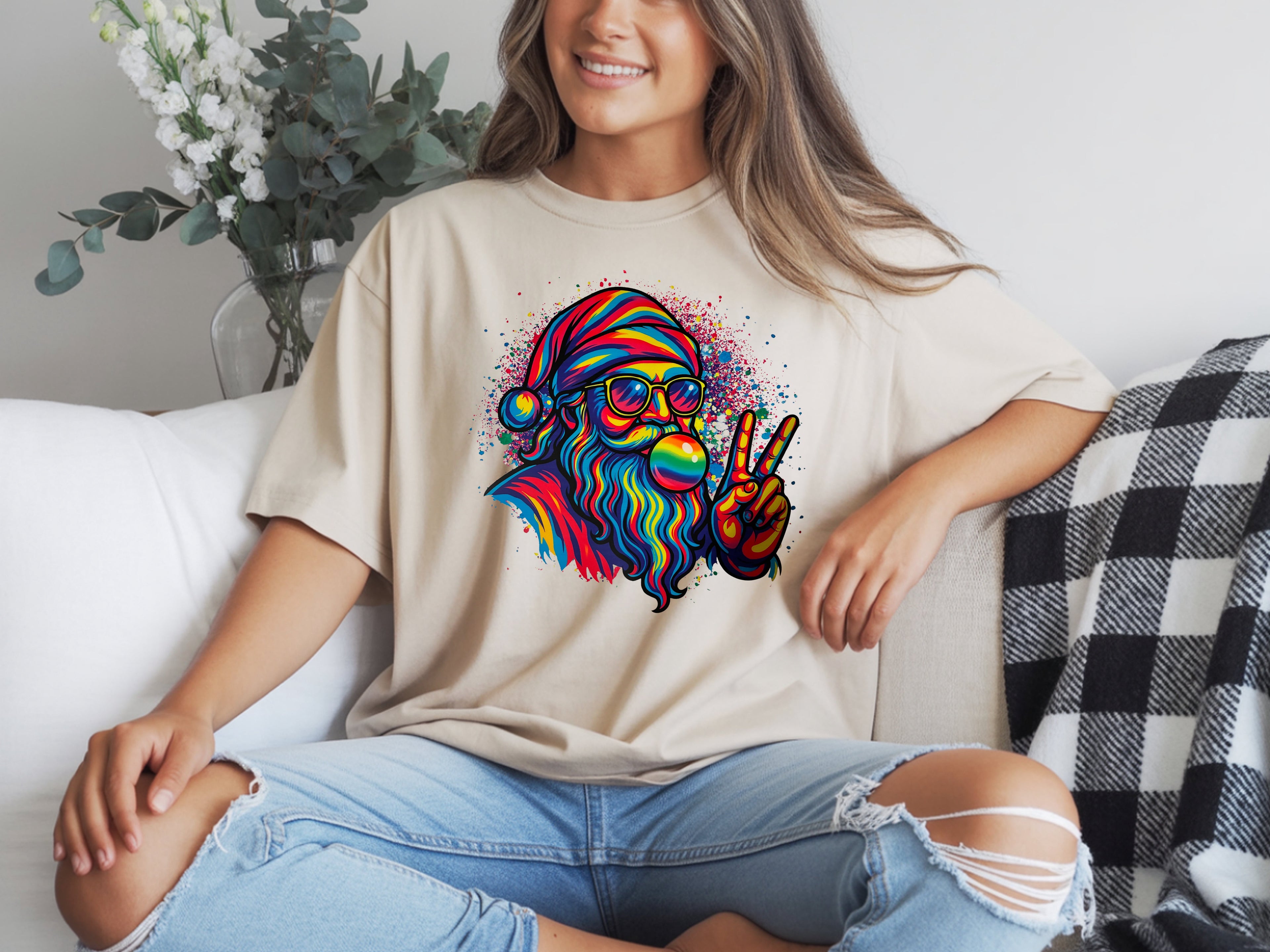 Colorful Peace Bubble Gum Santa T-Shirt