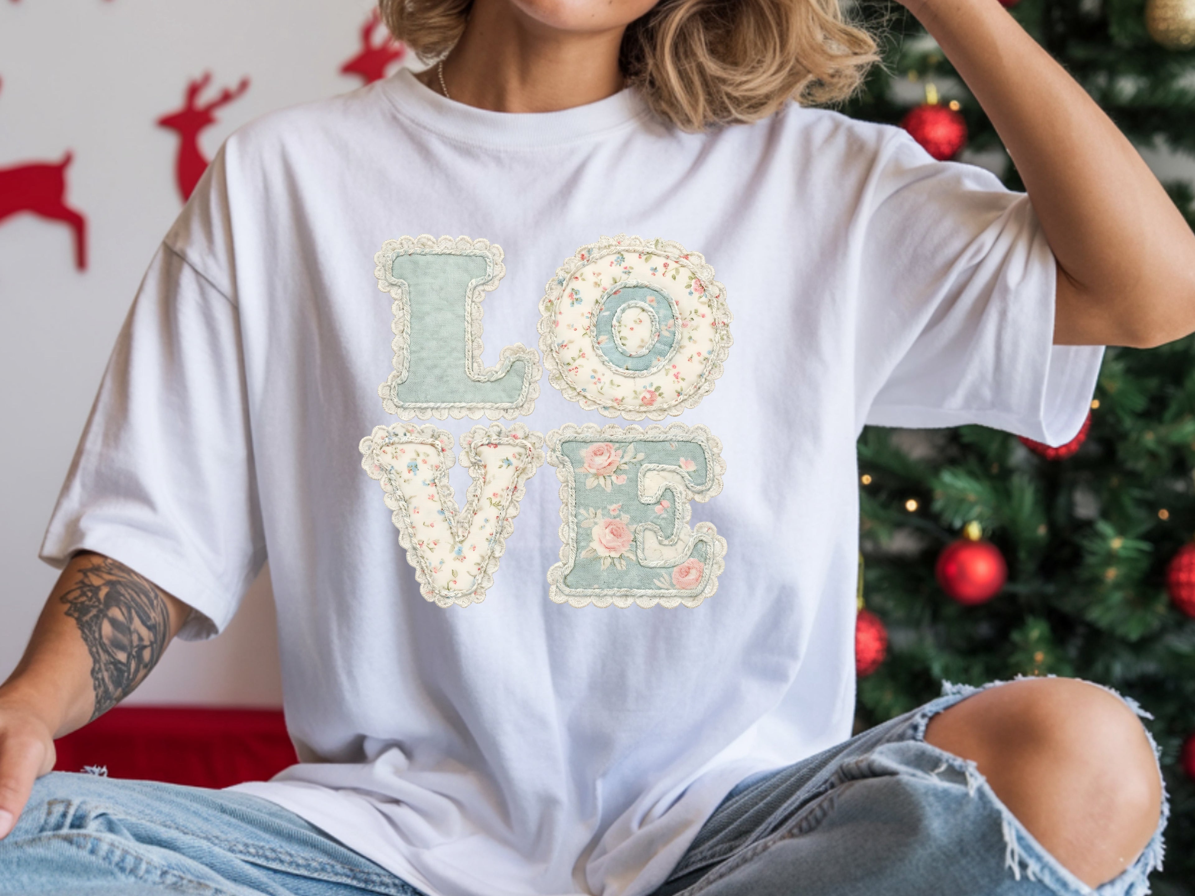 Vintage Charm: Pastel Floral & Lace "LOVE" T-Shirt
