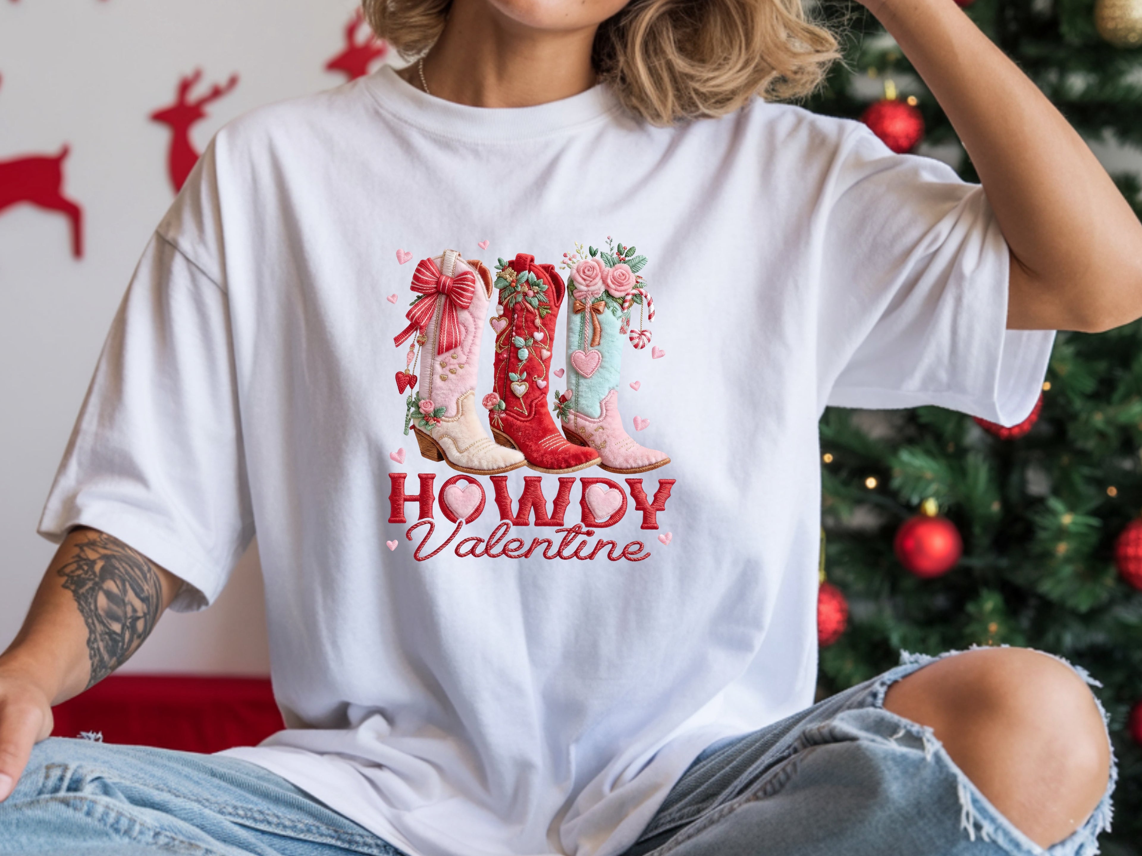 Howdy Valentine Faux Embroidery Boots T-Shirt