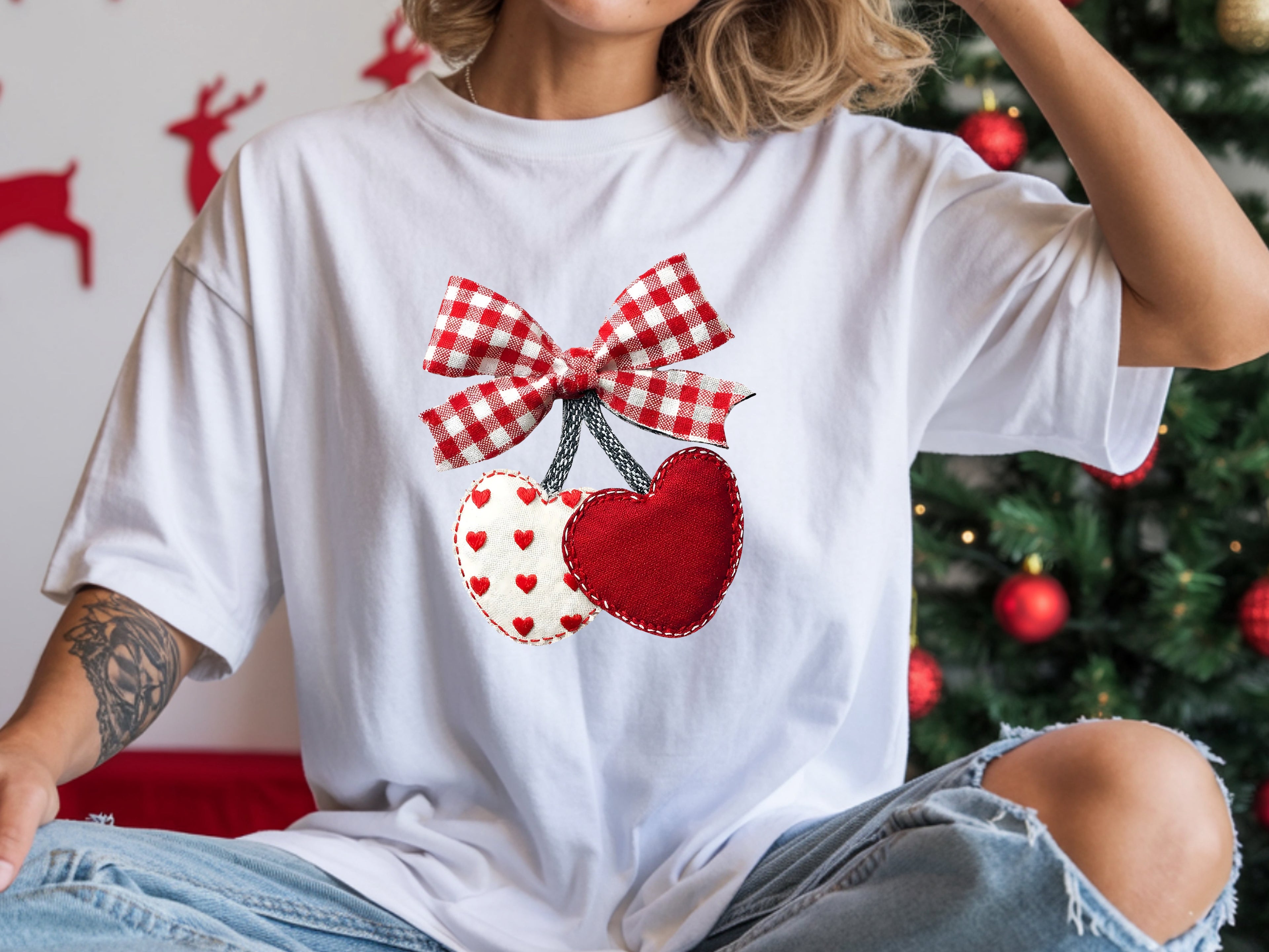 Sweetest Pick: Gingham Bow & Fabric Heart Cherries T-Shirt
