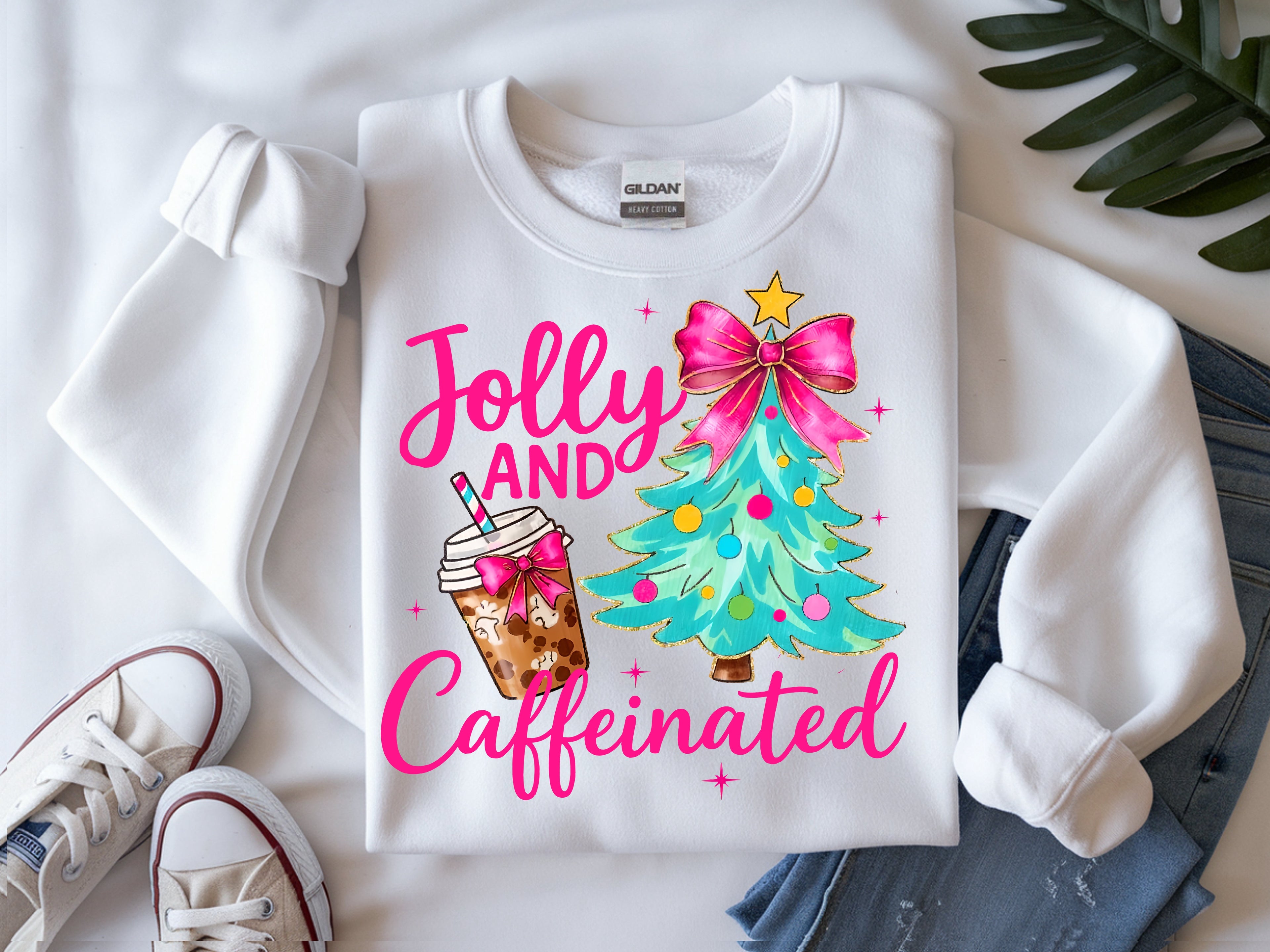Jolly & Caffeinated Pink Christmas Holiday Coffee & Boba Sweatshirt