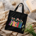 Autism Awareness Faux Embroidered Books & Flowers Canvas Tote