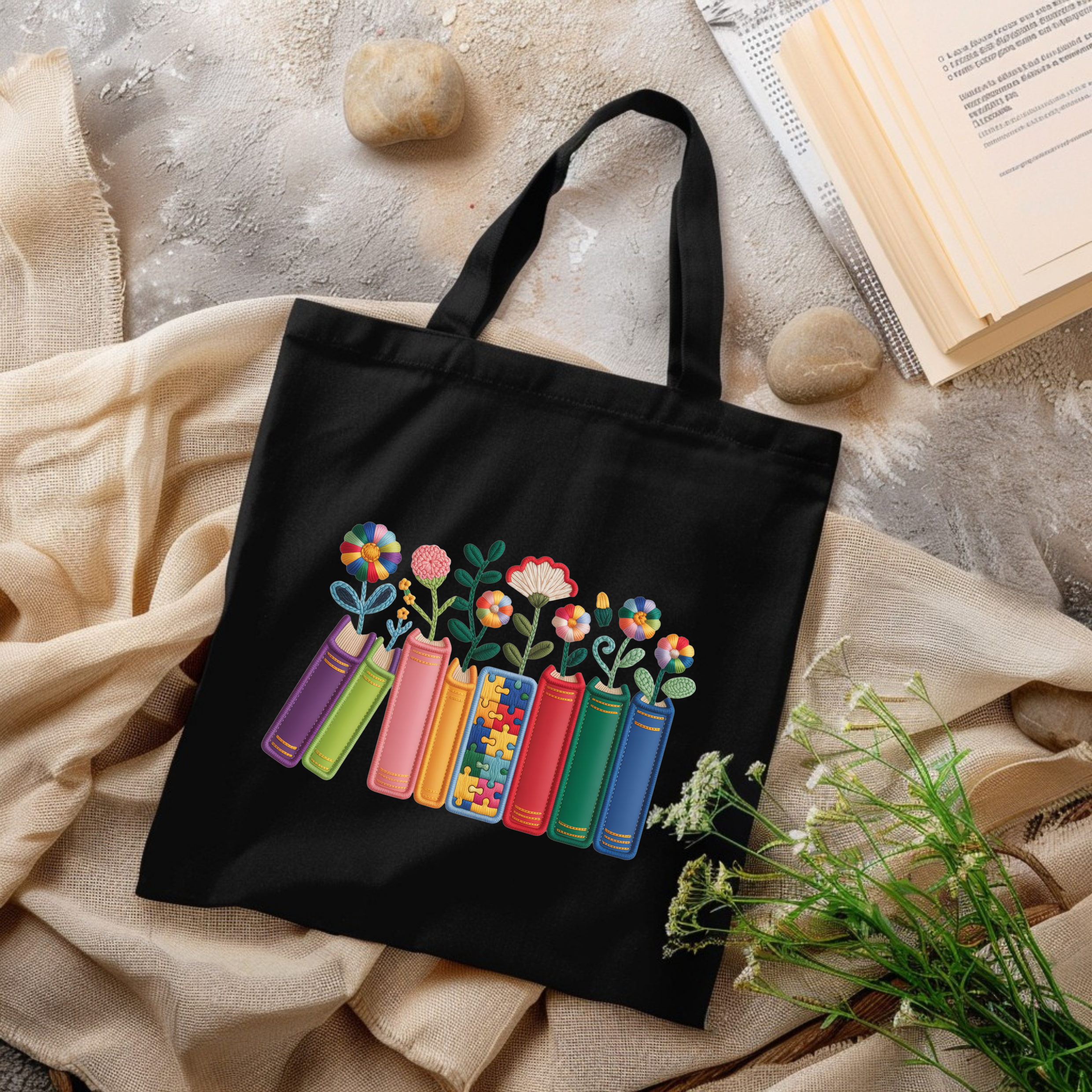 Autism Awareness Faux Embroidered Books & Flowers Canvas Tote