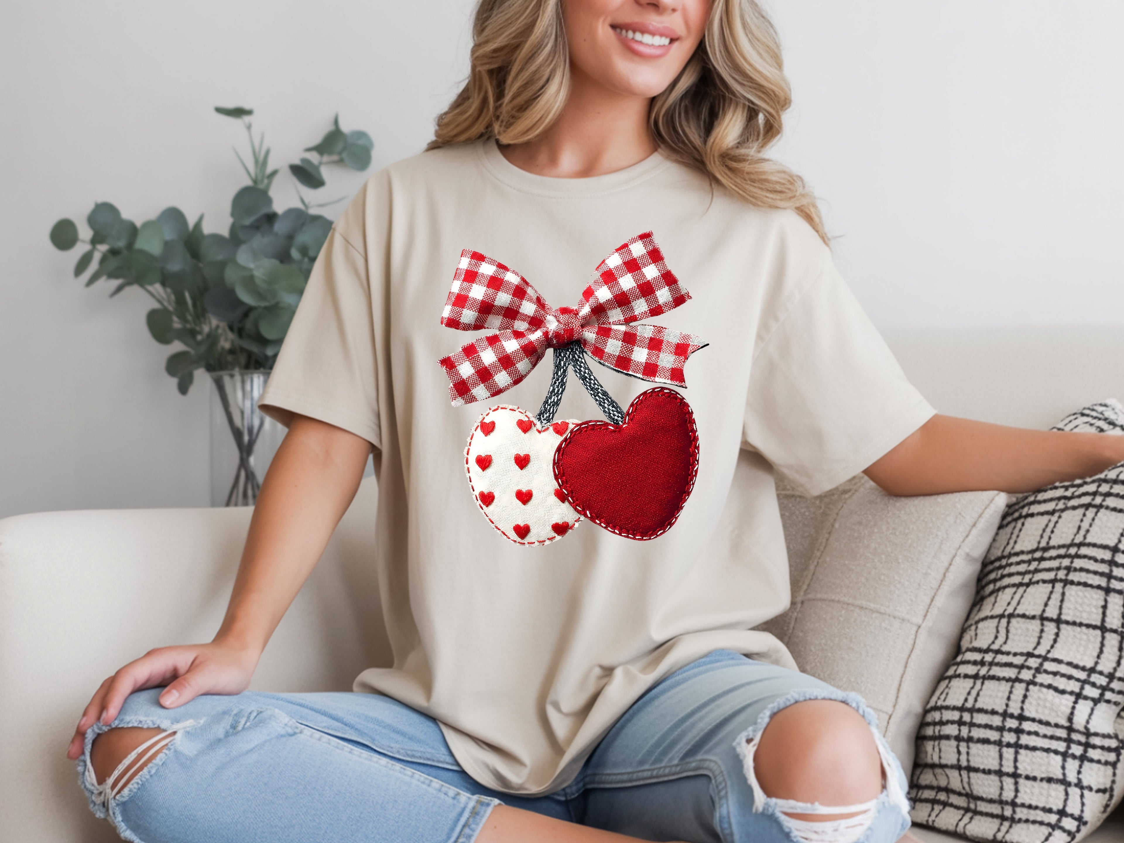 Sweetest Pick: Gingham Bow & Fabric Heart Cherries T-Shirt