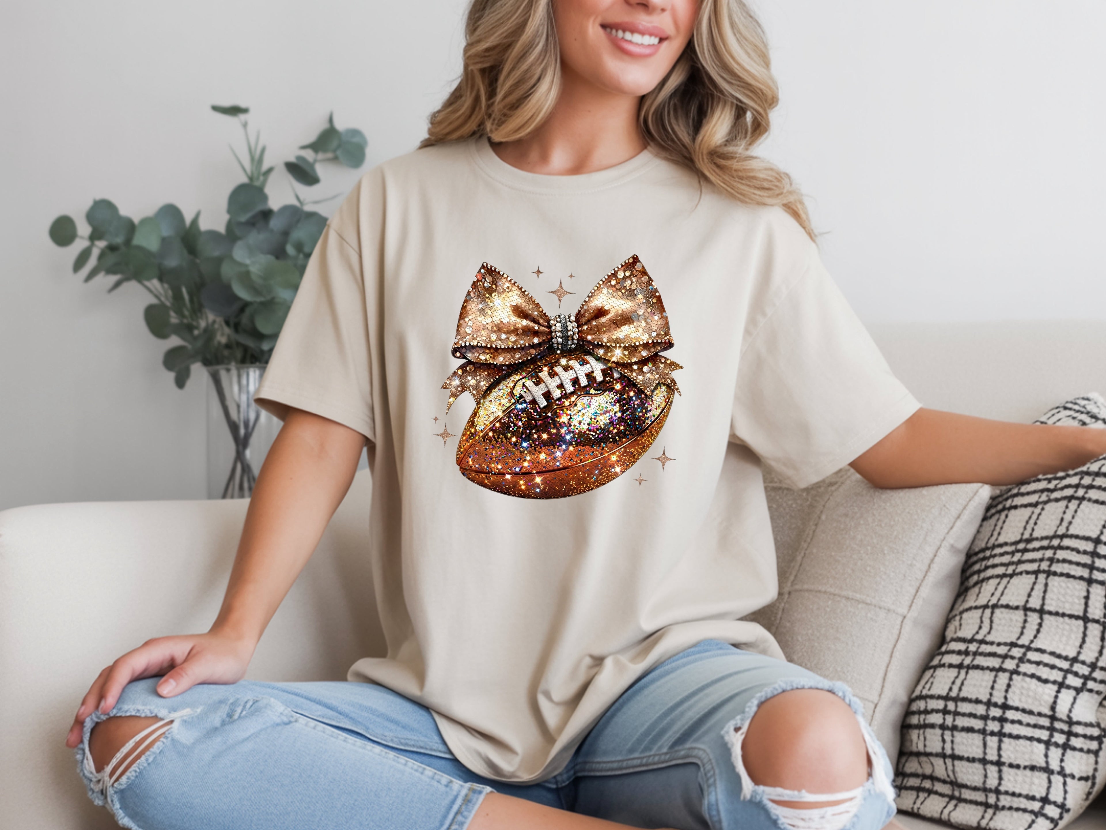 Sparkle & Spike: Gold Glitter Football Bow T-Shirt