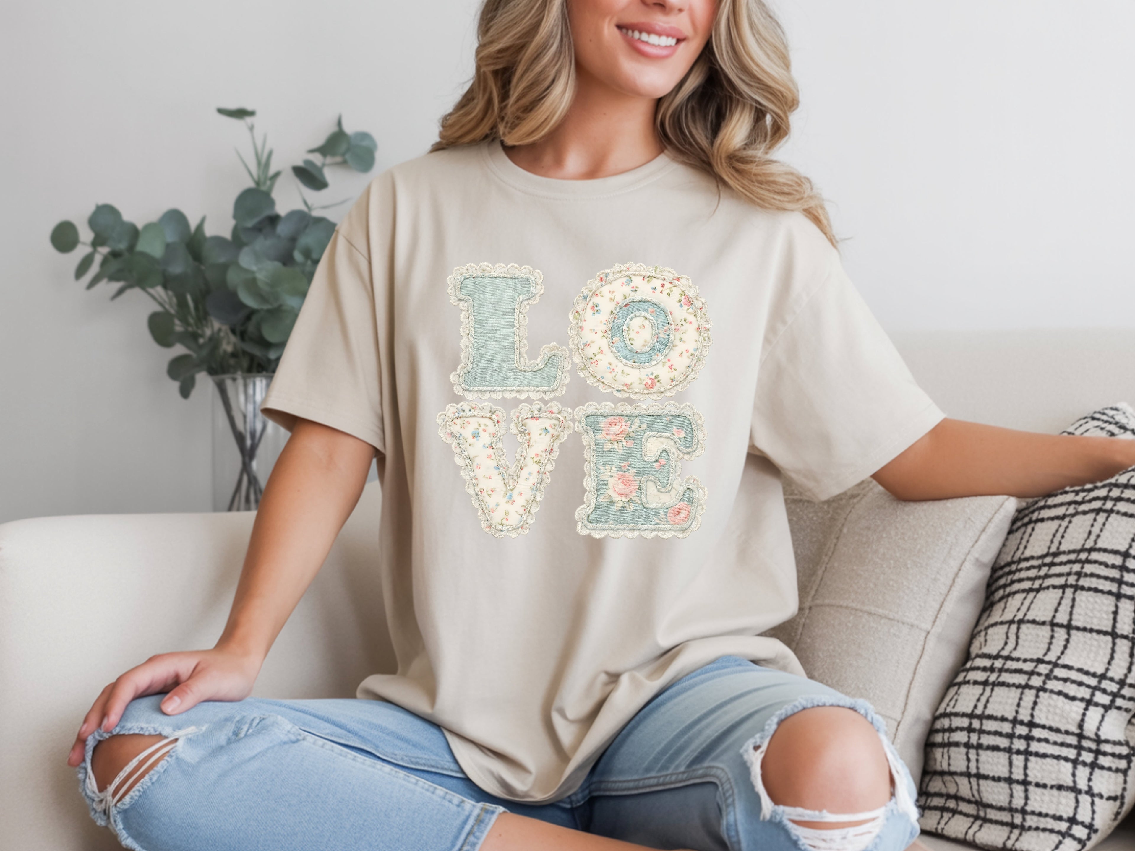 Vintage Charm: Pastel Floral & Lace "LOVE" T-Shirt