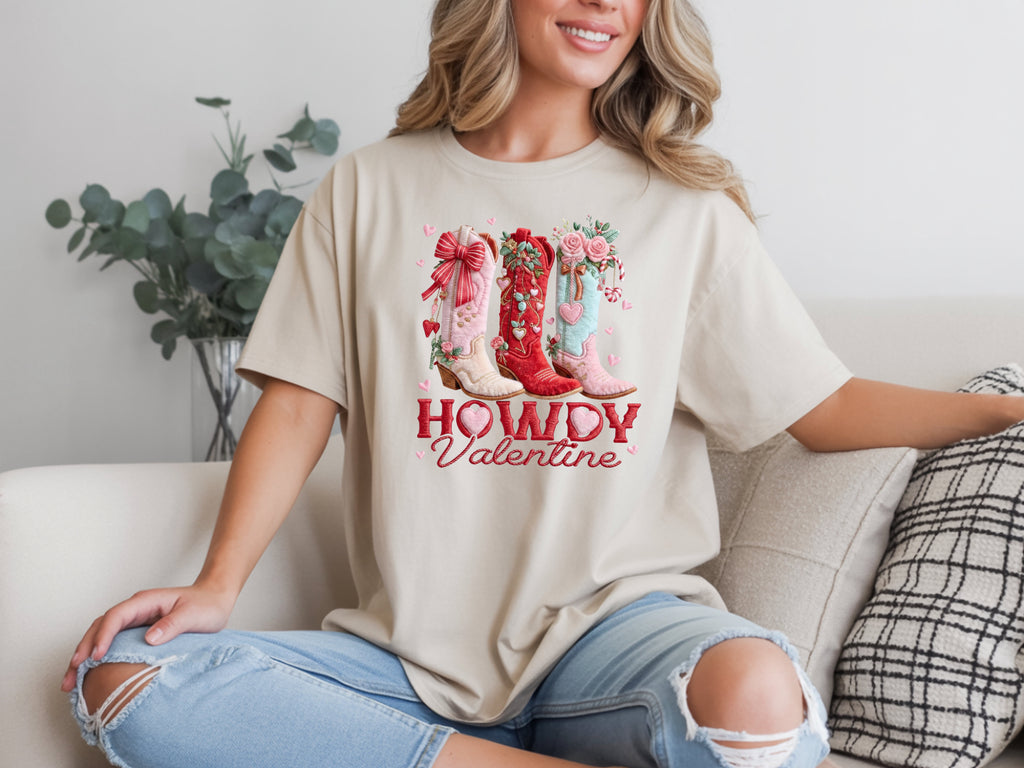 Howdy Valentine Faux Embroidery Boots T-Shirt