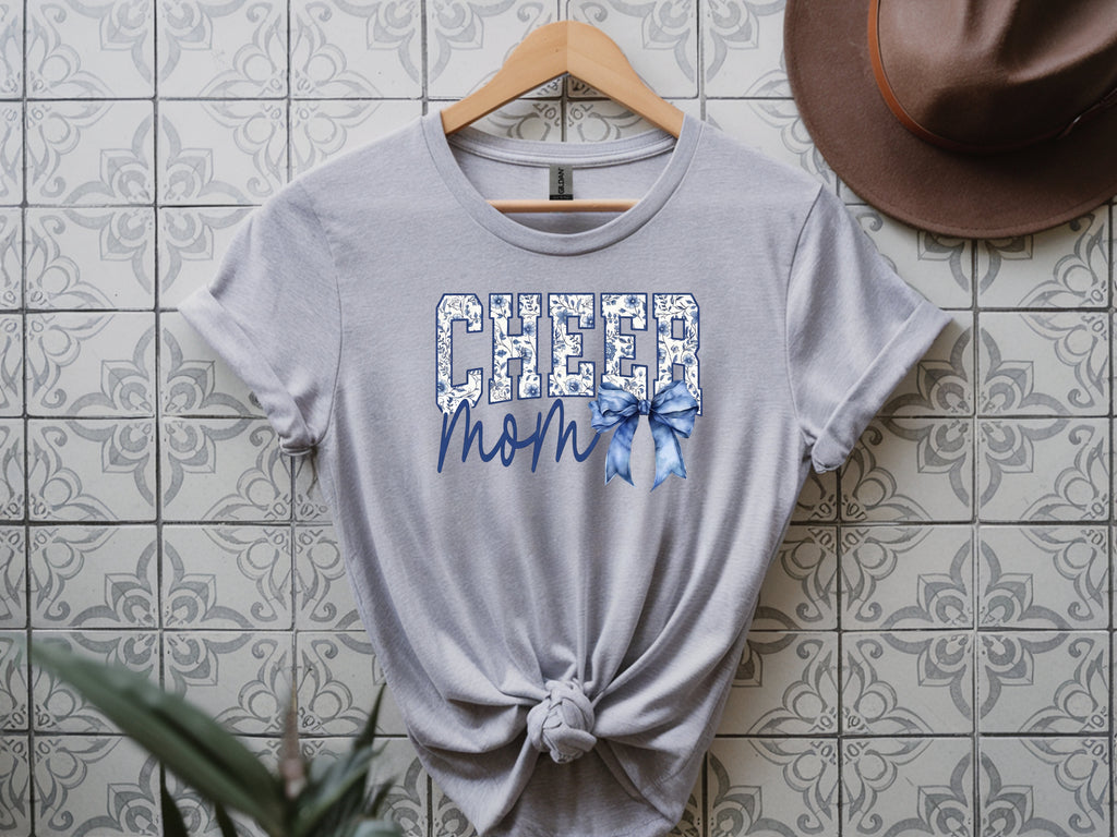 Cheer Mom T-Shirt – Blue & White Whimsical Print with Bow