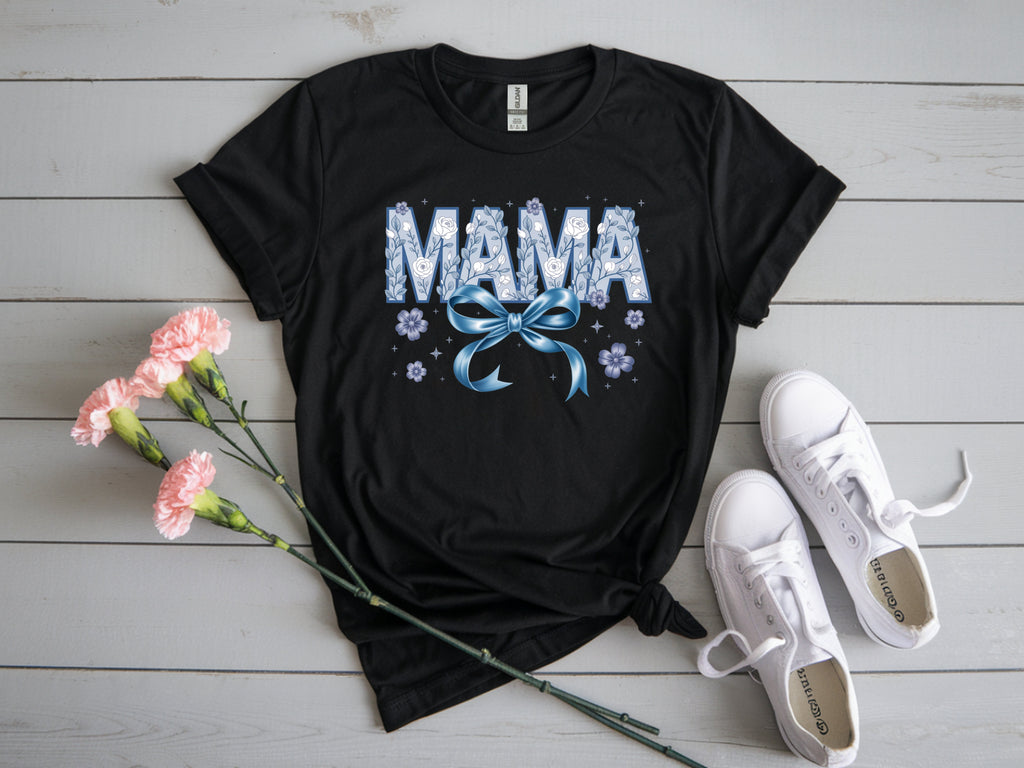 Floral Feminine Mama T-Shirt – Blue, White & Bow Design