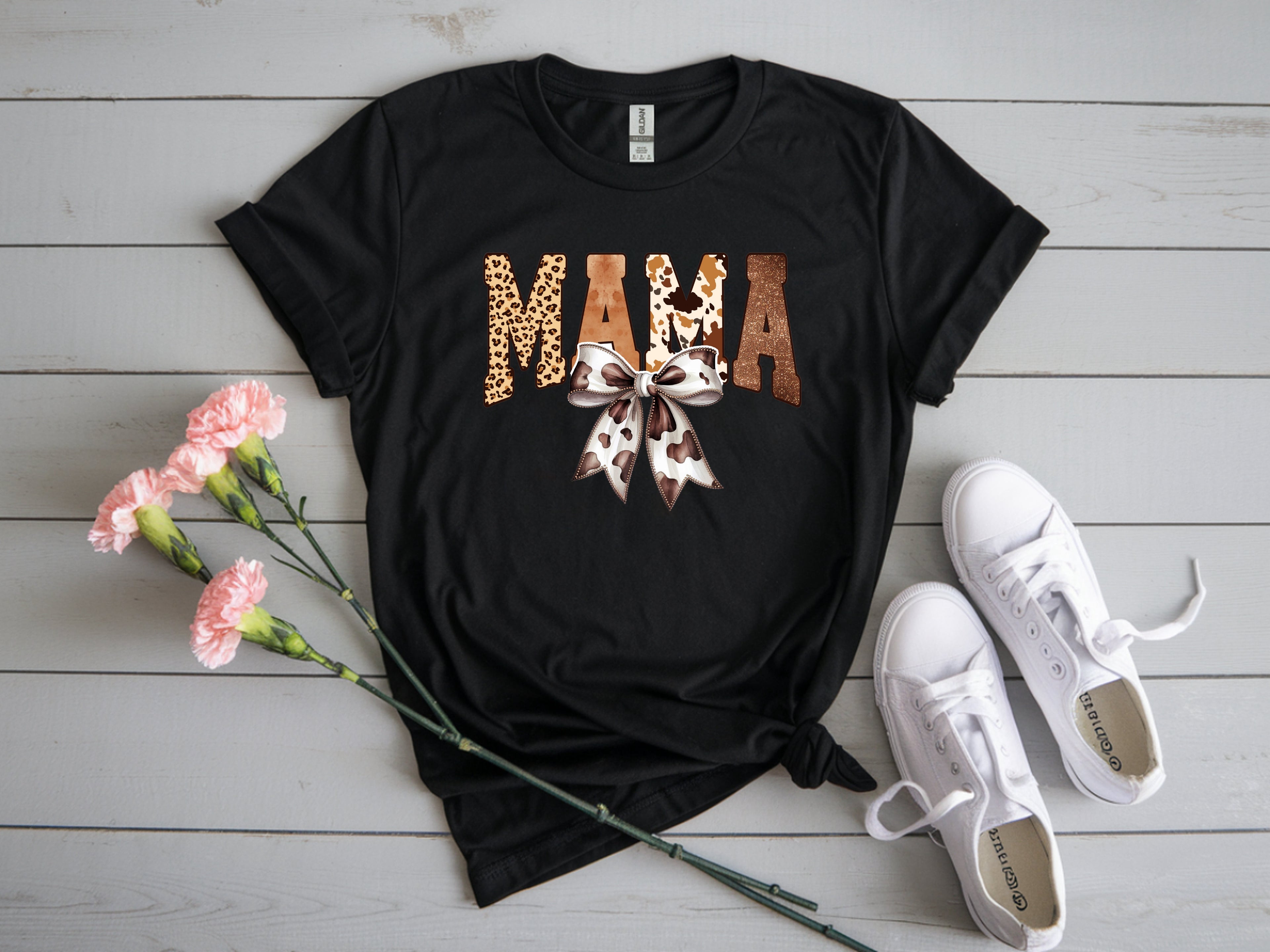 Mama Animal Print with Bow T-Shirt – Leopard, Cow Print & More