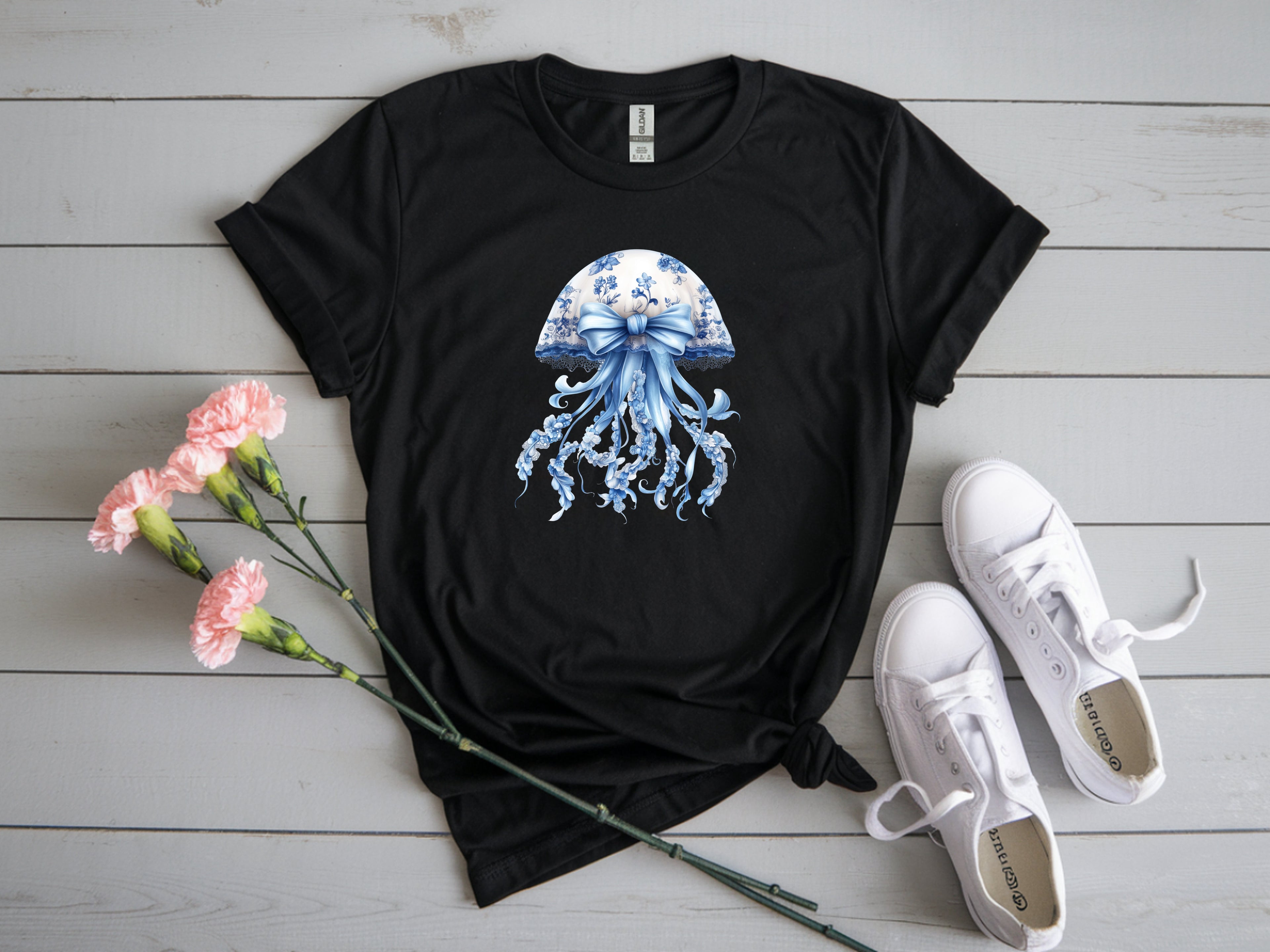 Blue & White Lacey Jellyfish T-Shirt – Delicate Ocean Design Tee