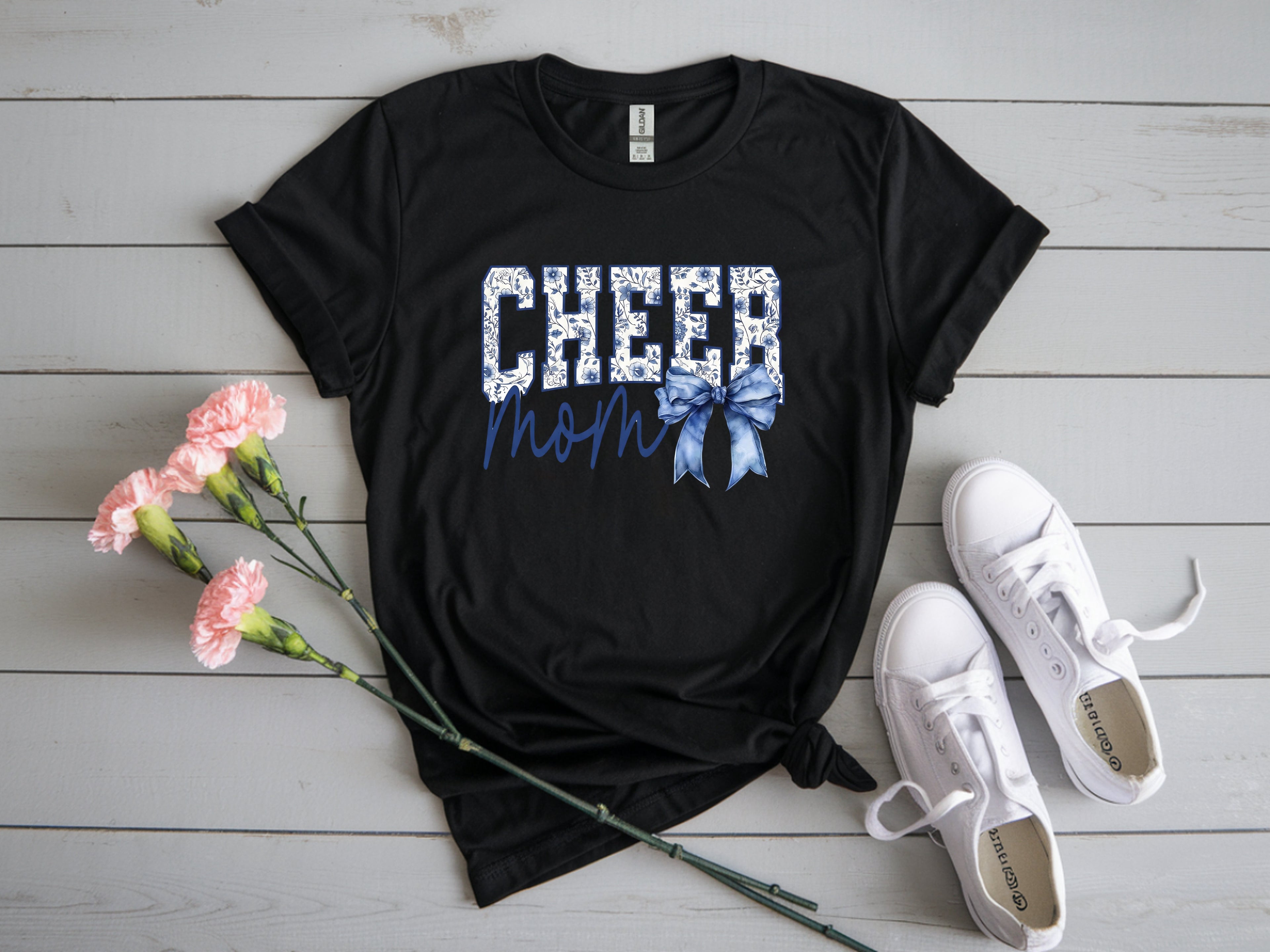 Cheer Mom T-Shirt – Blue & White Whimsical Print with Bow