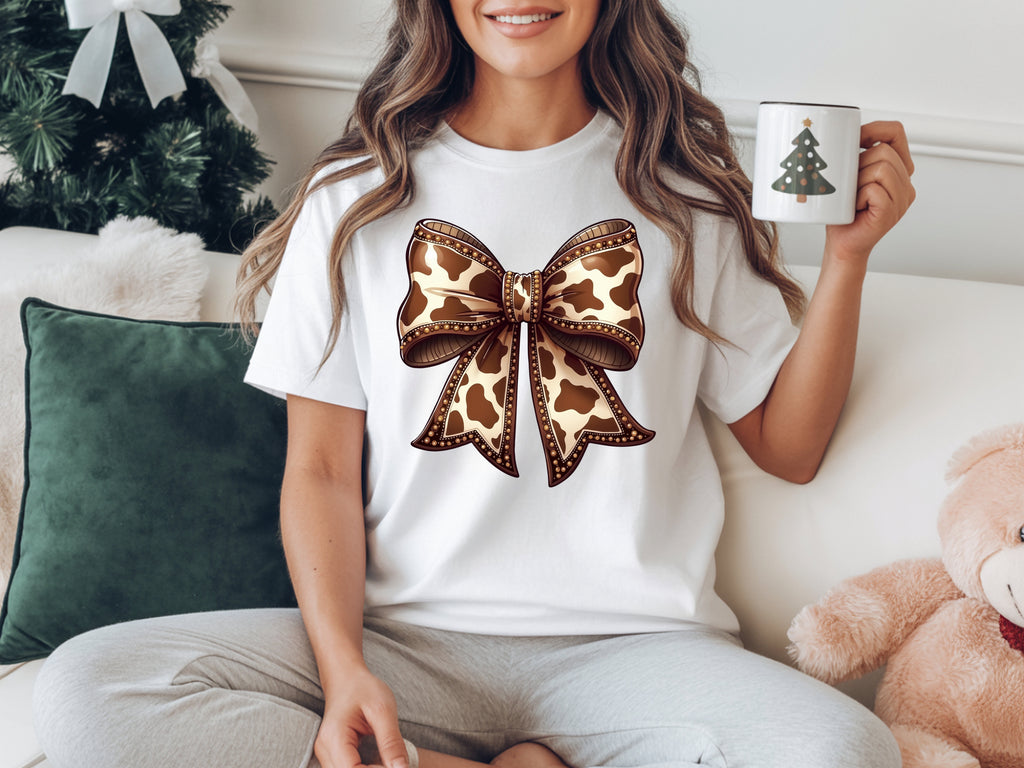 Brown Cow Print Cow-Bow T-Shirt