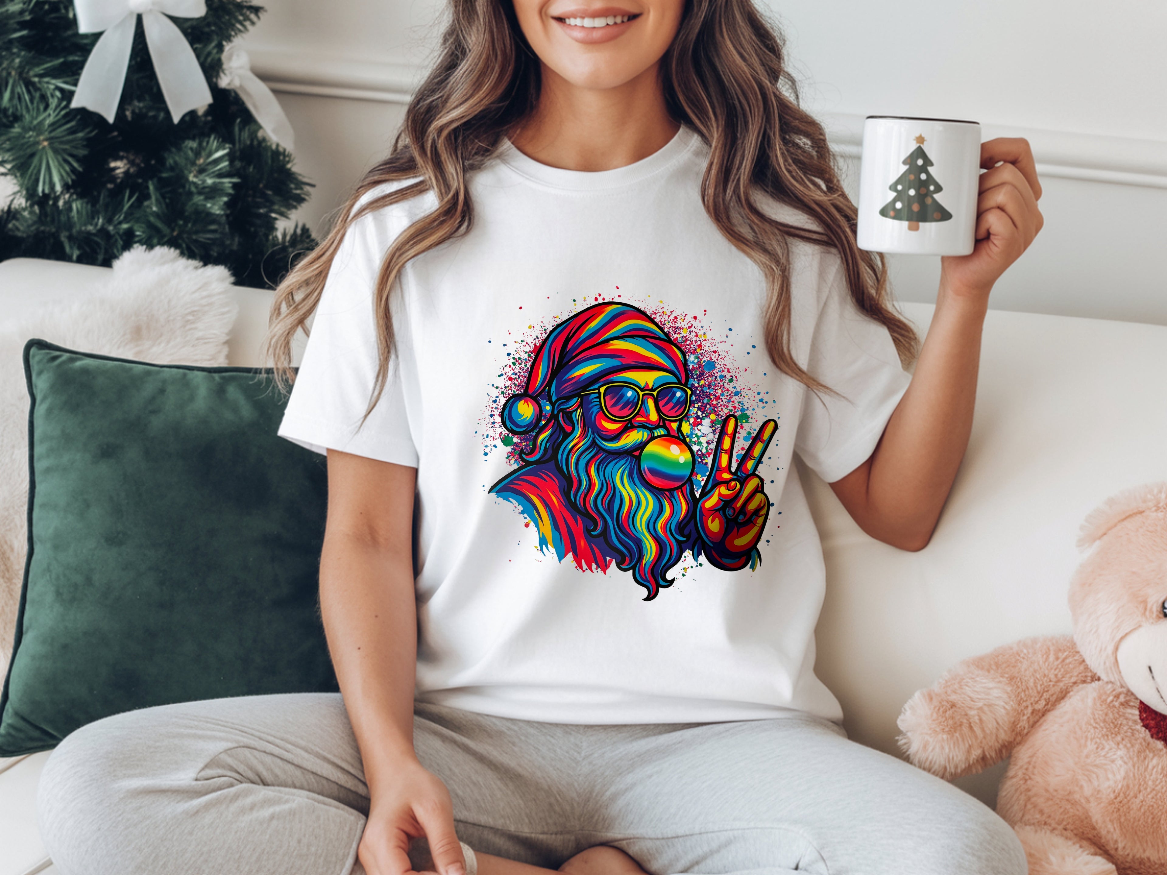 Colorful Peace Bubble Gum Santa T-Shirt