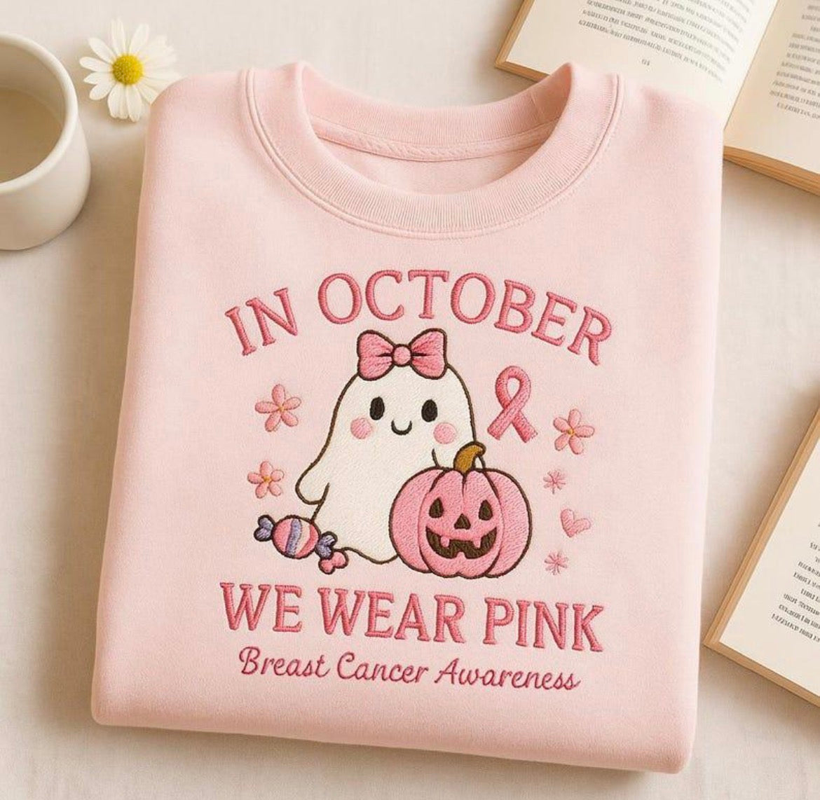 October We Wear Pink Ghost 
Embroidered Sweatshirt